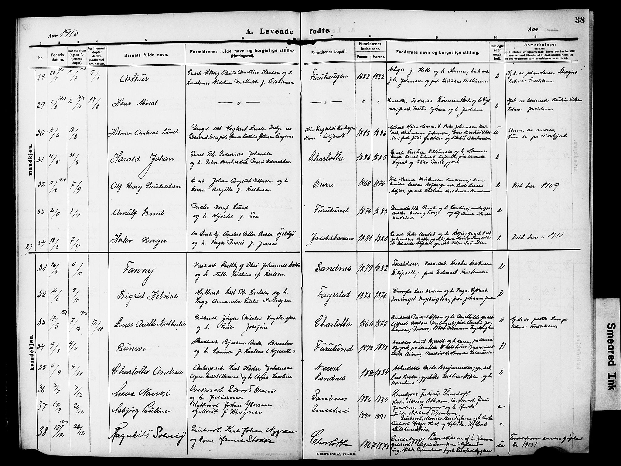 Ministerialprotokoller, klokkerbøker og fødselsregistre - Nordland, SAT/A-1459/850/L0710: Ministerialbok nr. 850A02, 1910-1920, s. 38