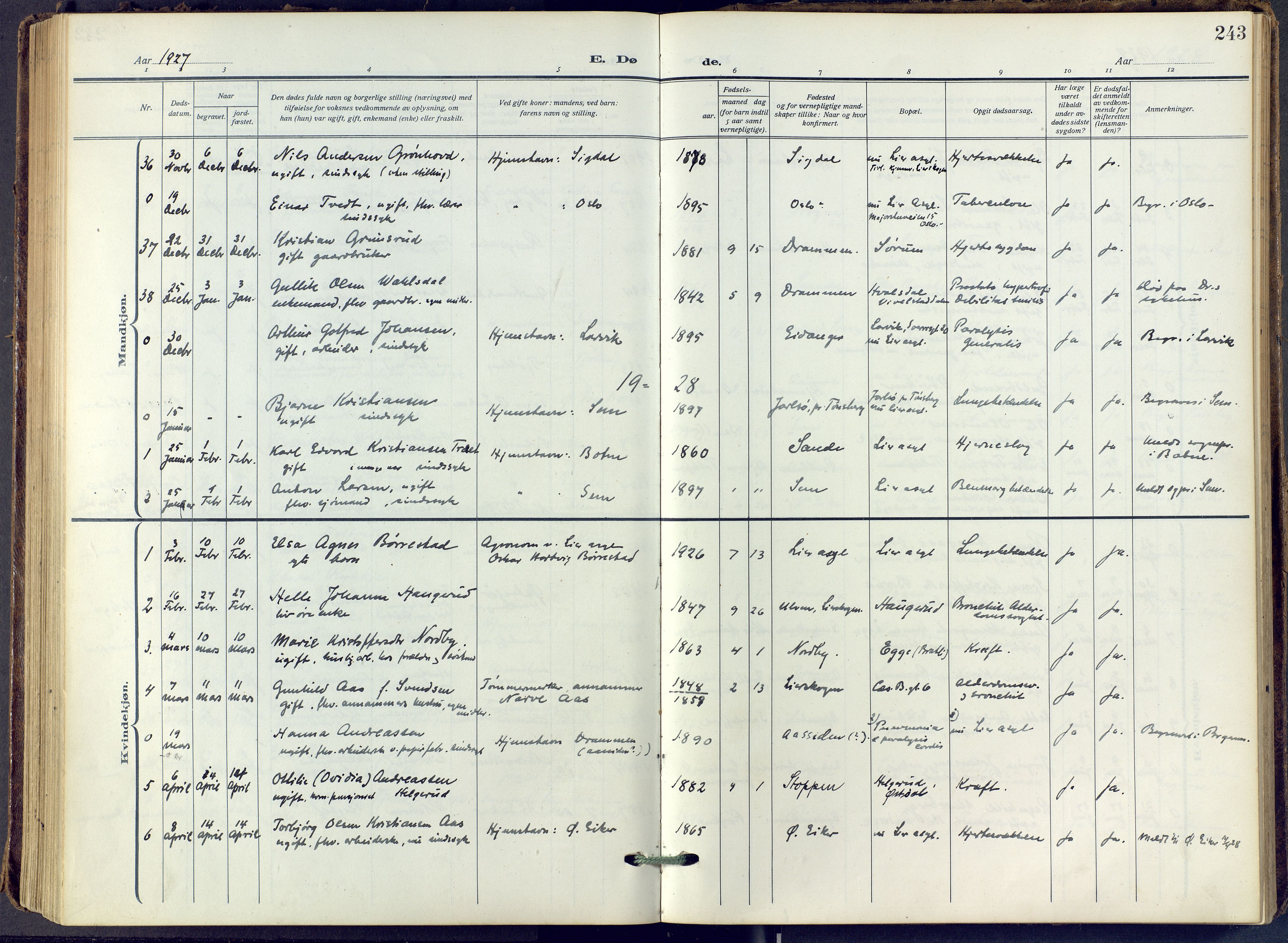 Lier kirkebøker, SAKO/A-230/F/Fa/L0019: Ministerialbok nr. I 19, 1918-1928, s. 243