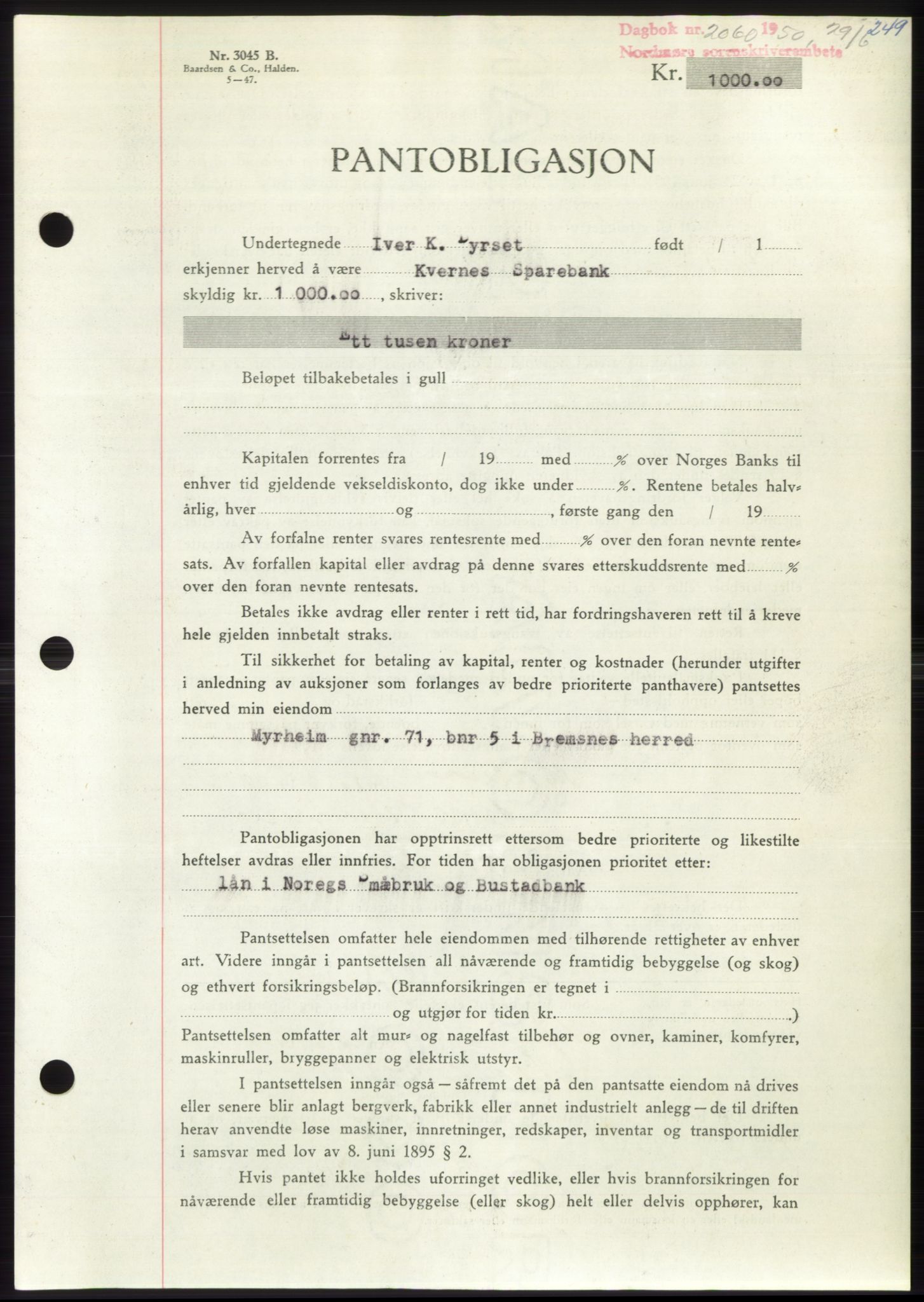 Nordmøre sorenskriveri, AV/SAT-A-4132/1/2/2Ca: Pantebok nr. B105, 1950-1950, Dagboknr: 2060/1950