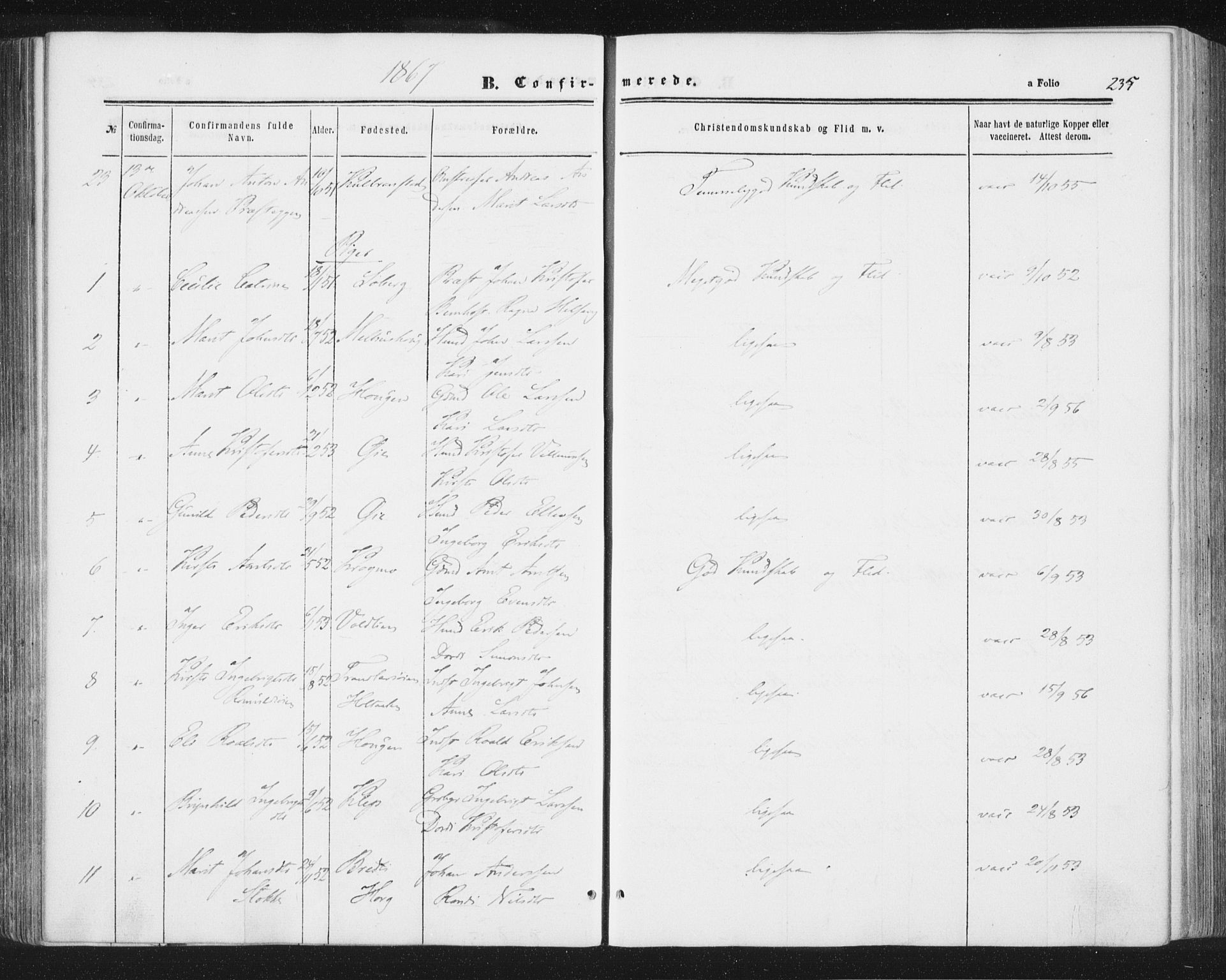 Ministerialprotokoller, klokkerbøker og fødselsregistre - Sør-Trøndelag, SAT/A-1456/691/L1077: Ministerialbok nr. 691A09, 1862-1873, s. 235