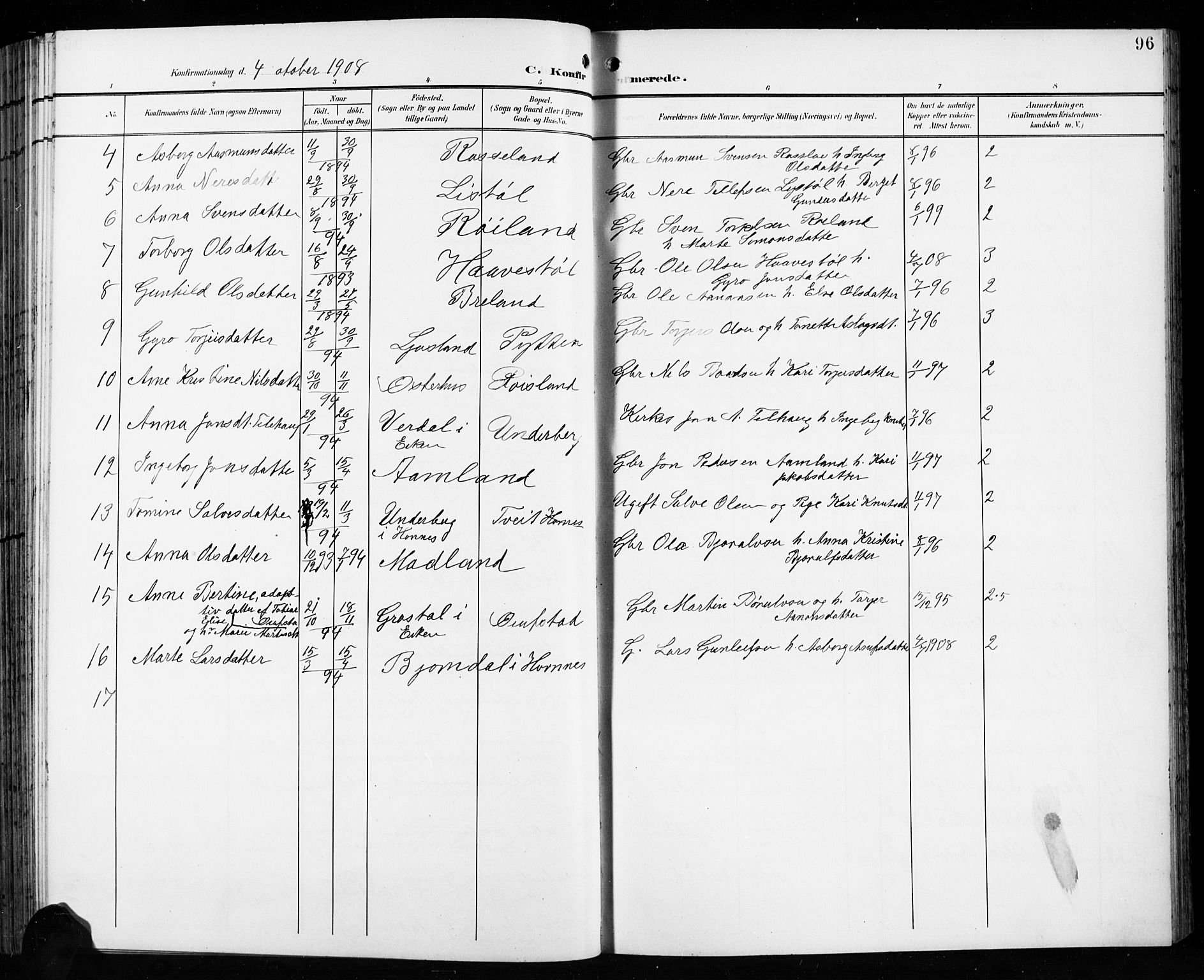 Åseral sokneprestkontor, AV/SAK-1111-0051/F/Fb/L0003: Klokkerbok nr. B 3, 1900-1919, s. 96