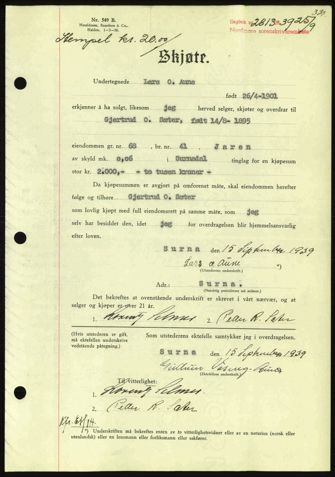 Nordmøre sorenskriveri, AV/SAT-A-4132/1/2/2Ca: Pantebok nr. A87, 1939-1940, Dagboknr: 2813/1939