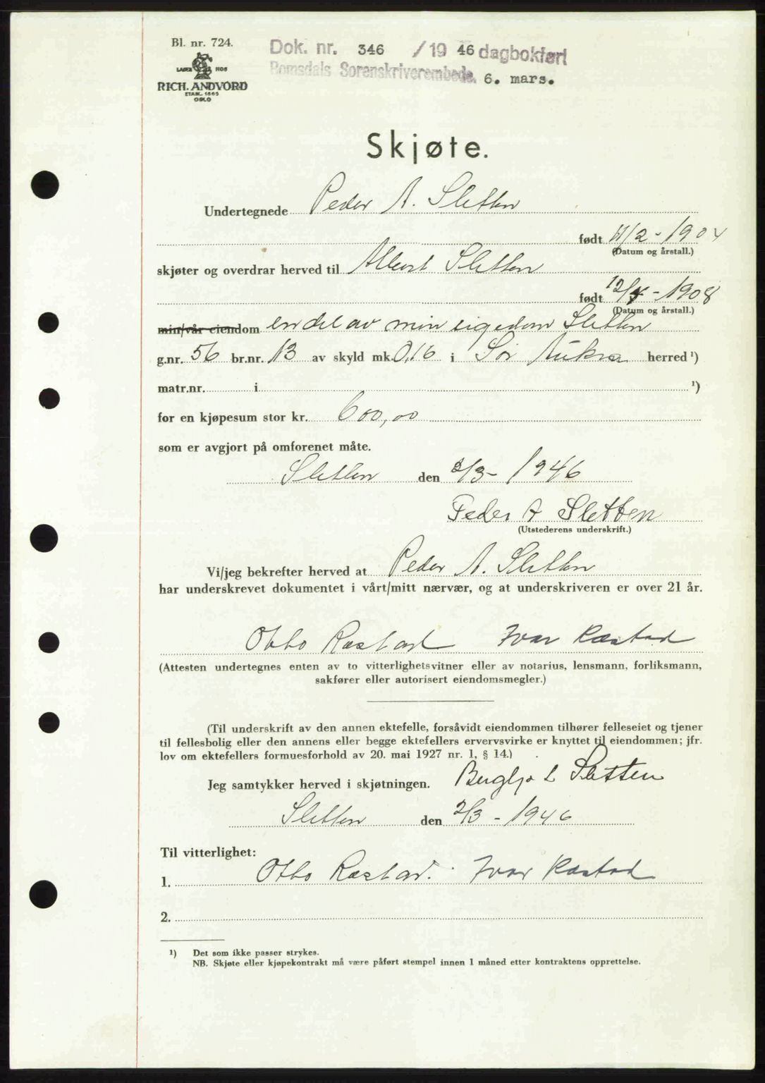 Romsdal sorenskriveri, SAT/A-4149/1/2/2C: Pantebok nr. A19, 1946-1946, Dagboknr: 346/1946