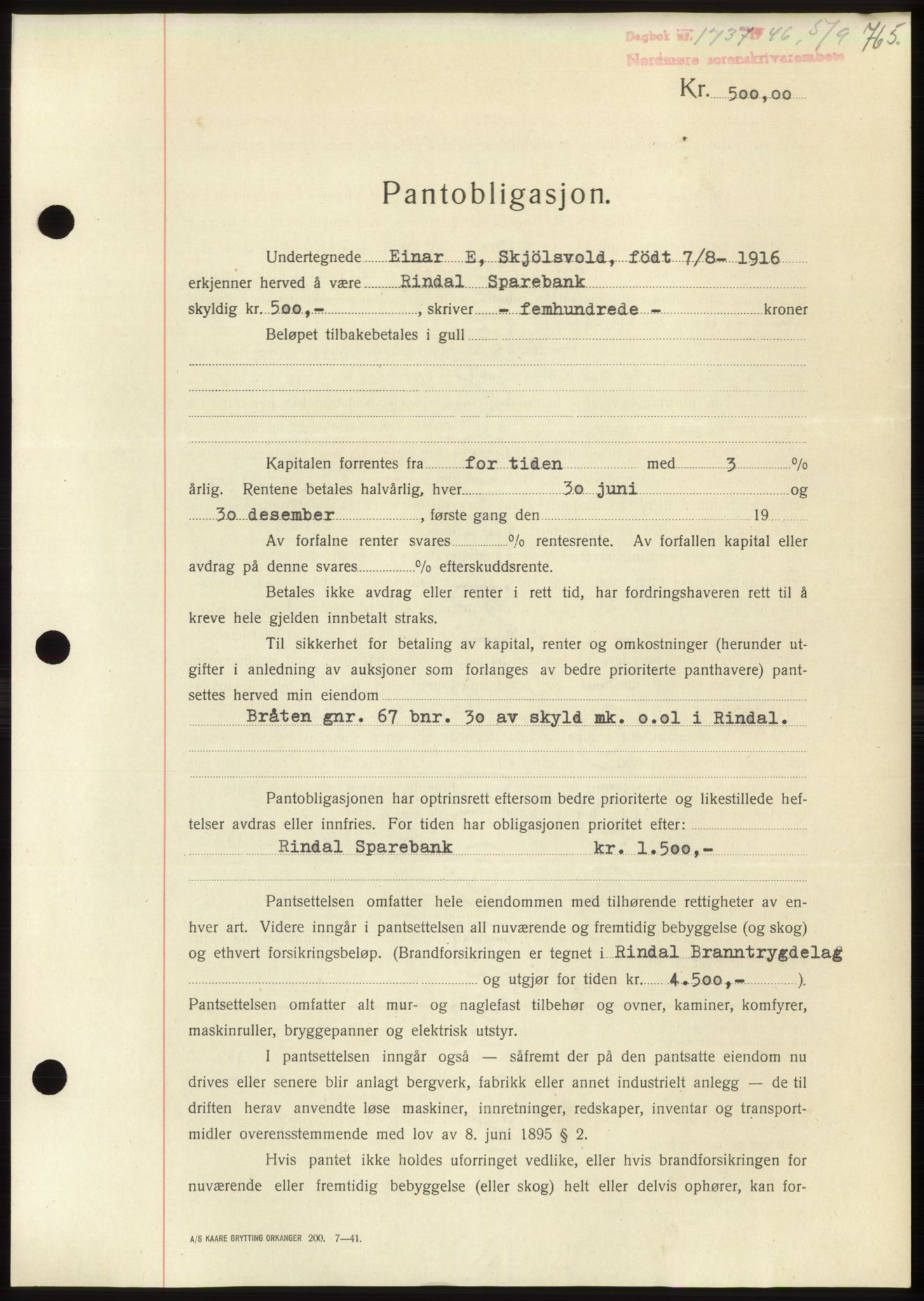 Nordmøre sorenskriveri, SAT/A-4132/1/2/2Ca: Pantebok nr. B94, 1946-1946, Dagboknr: 1737/1946