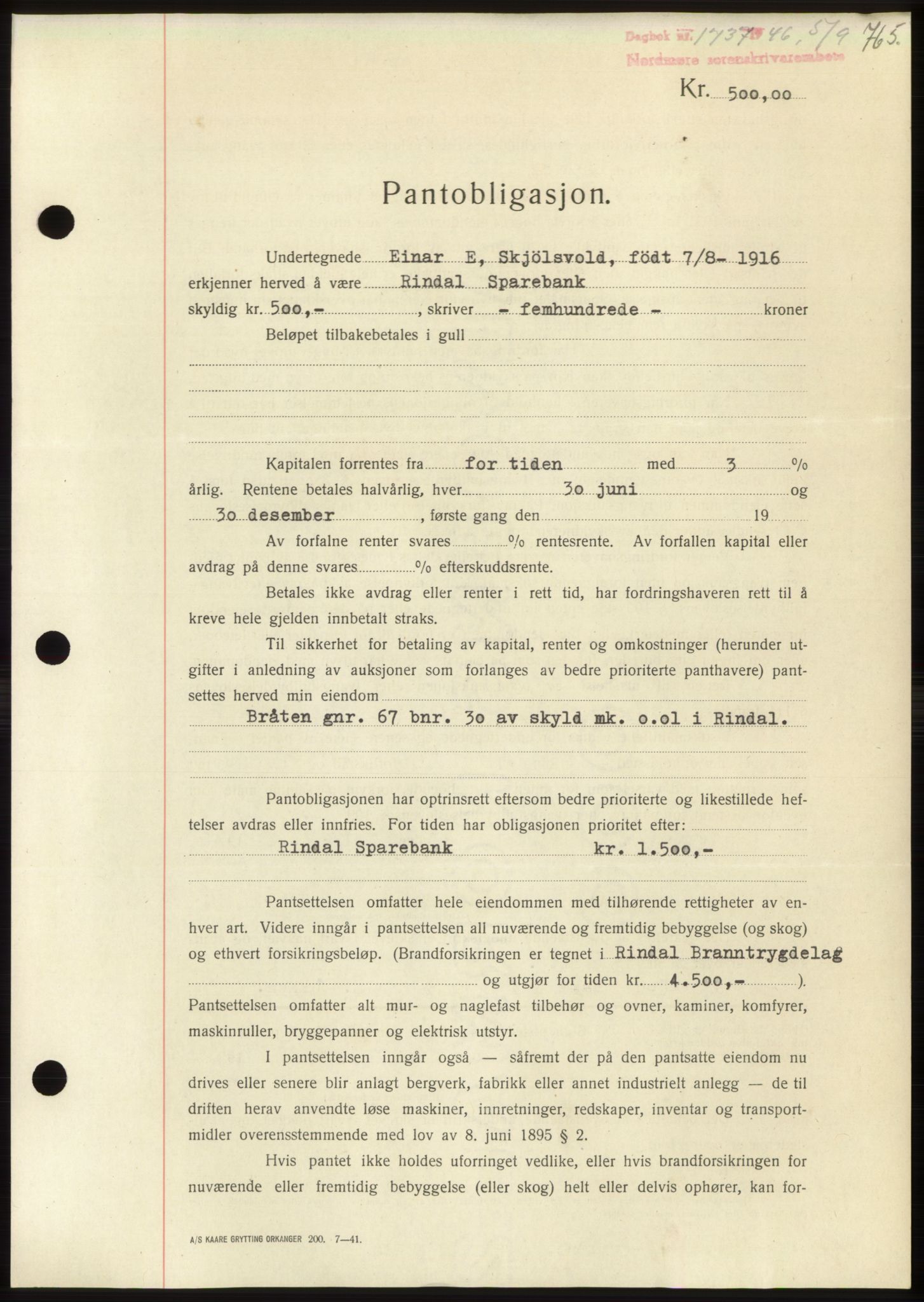 Nordmøre sorenskriveri, AV/SAT-A-4132/1/2/2Ca: Pantebok nr. B94, 1946-1946, Dagboknr: 1737/1946