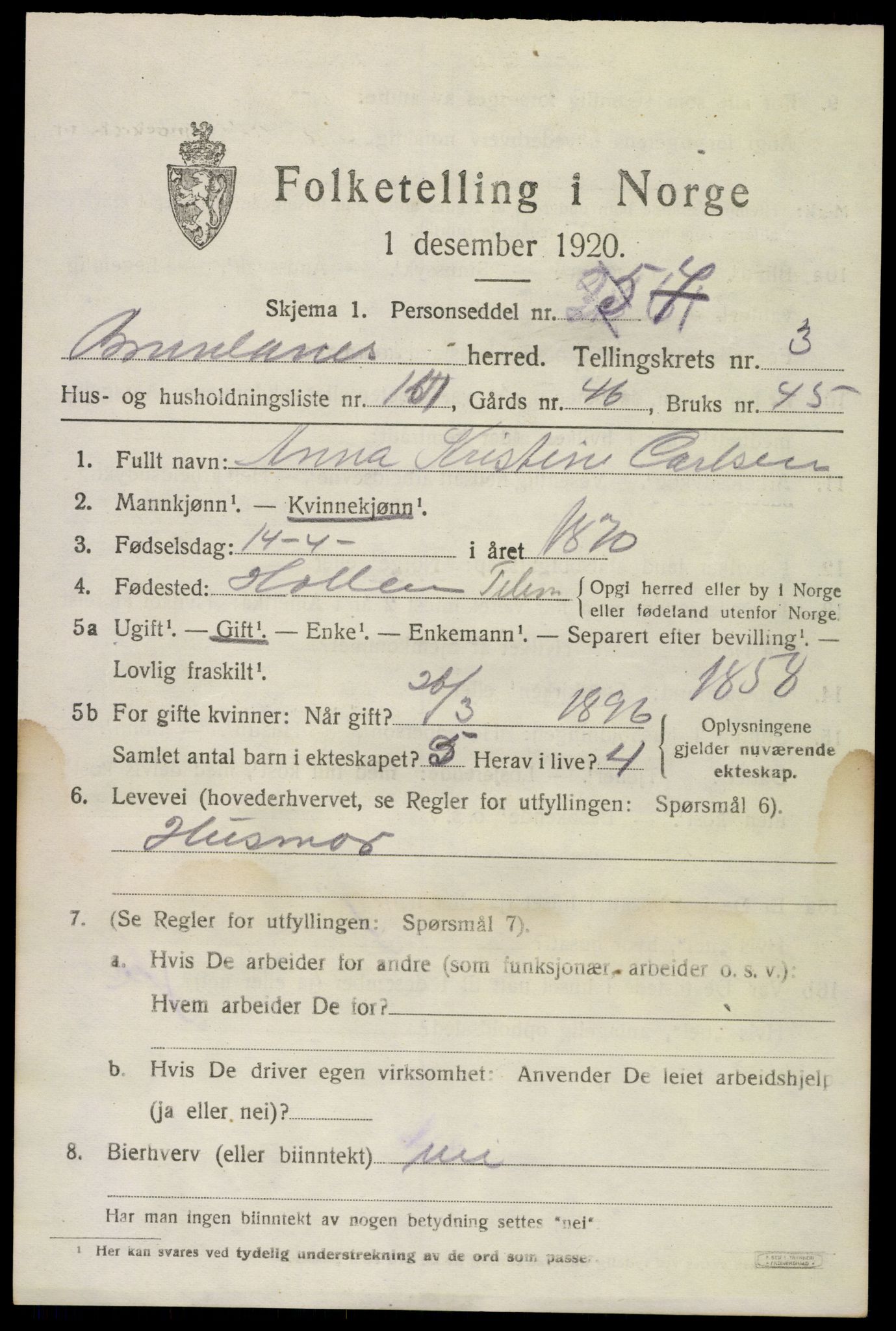 SAKO, Folketelling 1920 for 0726 Brunlanes herred, 1920, s. 6081