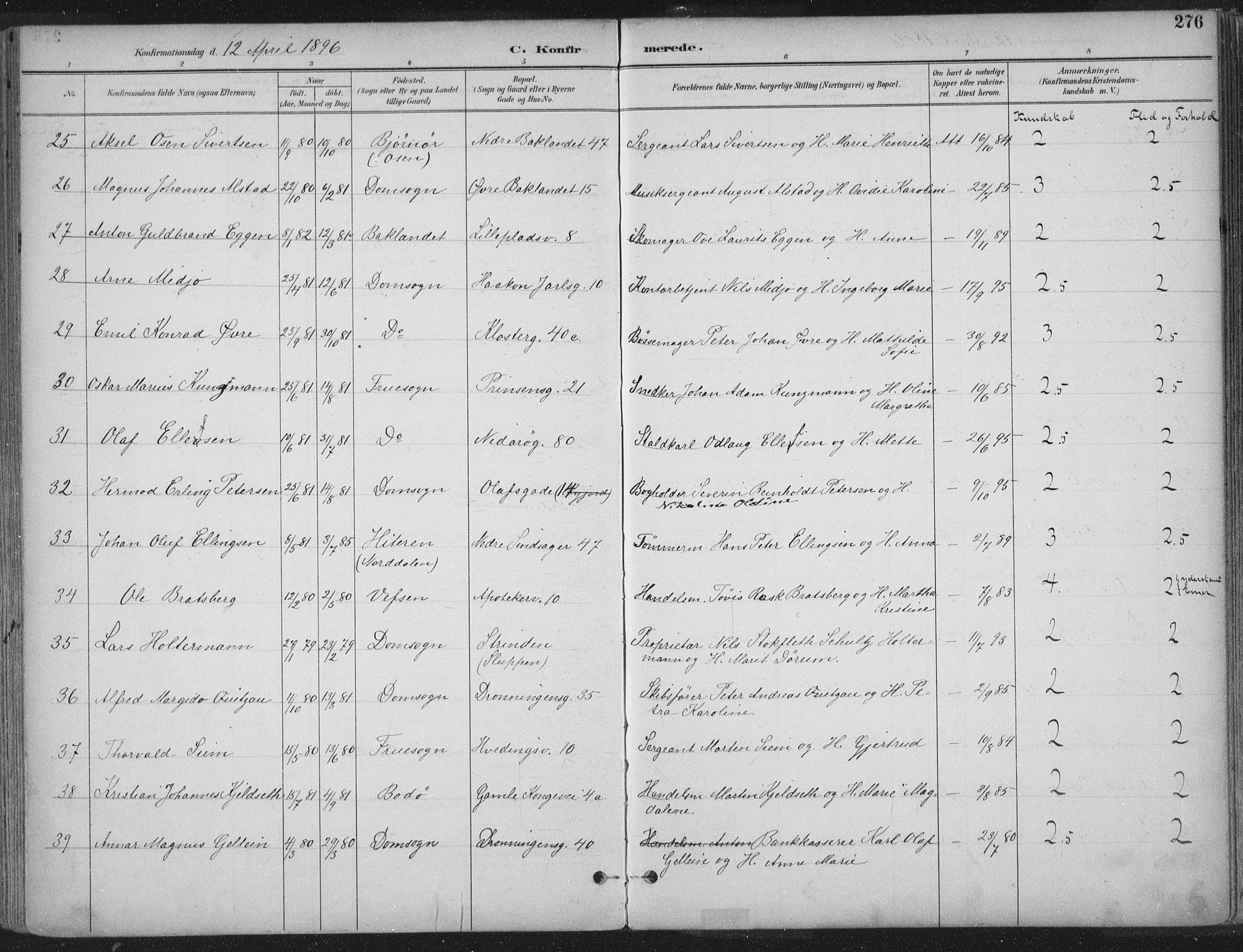 Ministerialprotokoller, klokkerbøker og fødselsregistre - Sør-Trøndelag, SAT/A-1456/601/L0062: Ministerialbok nr. 601A30, 1891-1911, s. 276