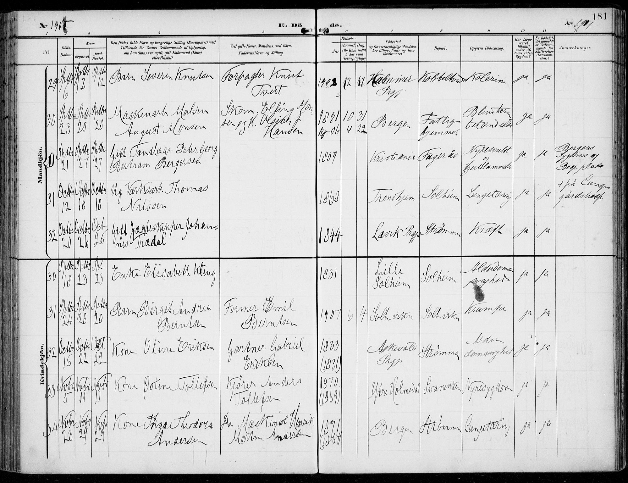 Årstad Sokneprestembete, AV/SAB-A-79301/H/Haa/L0009: Ministerialbok nr. C 1, 1902-1918, s. 181