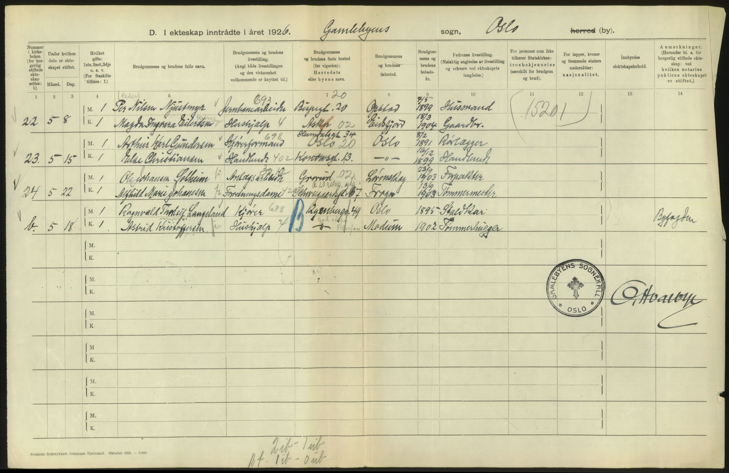 Statistisk sentralbyrå, Sosiodemografiske emner, Befolkning, AV/RA-S-2228/D/Df/Dfc/Dfcf/L0008: Oslo: Gifte, 1926, s. 502