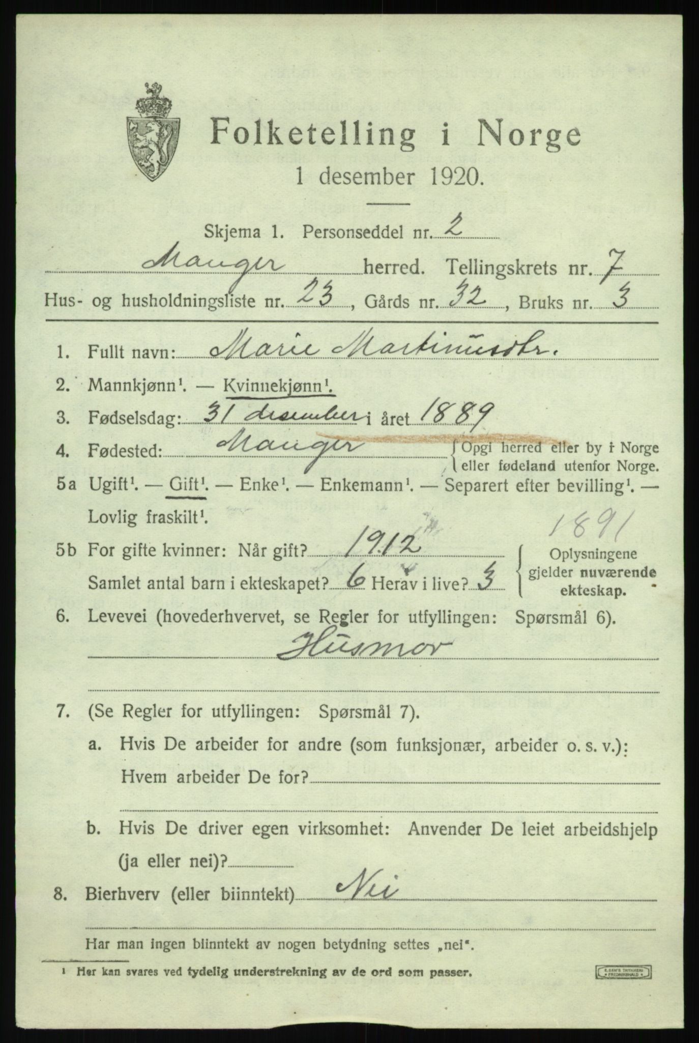 SAB, Folketelling 1920 for 1261 Manger herred, 1920, s. 4633