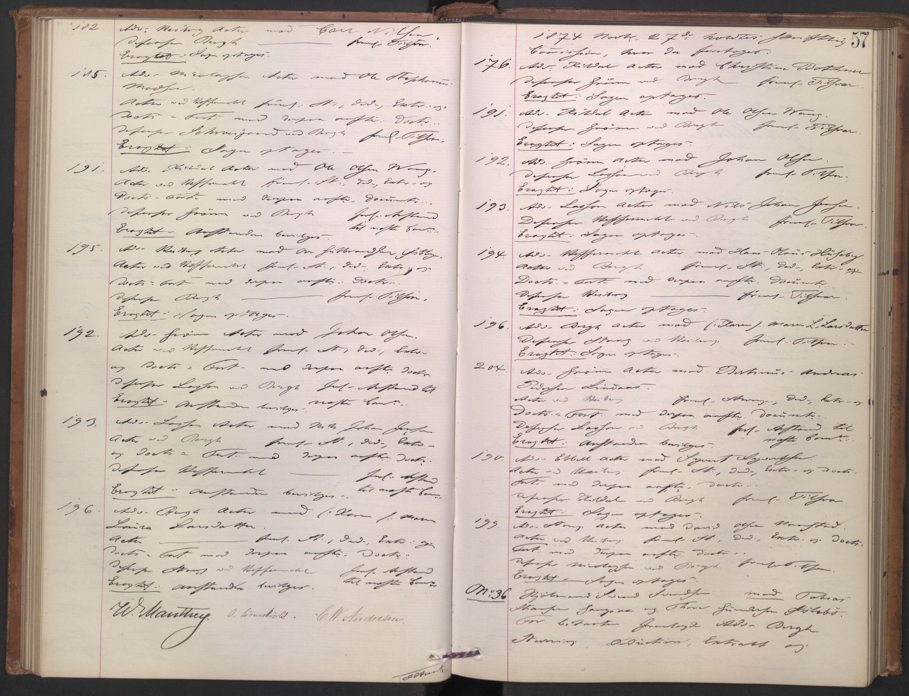 Høyesterett, AV/RA-S-1002/E/Ef/L0013: Protokoll over saker som gikk til skriftlig behandling, 1873-1879, s. 56b-57a