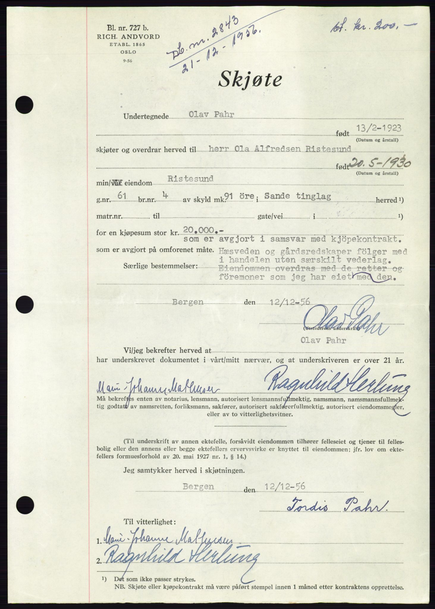 Søre Sunnmøre sorenskriveri, AV/SAT-A-4122/1/2/2C/L0105: Pantebok nr. 31A, 1956-1957, Dagboknr: 2843/1956