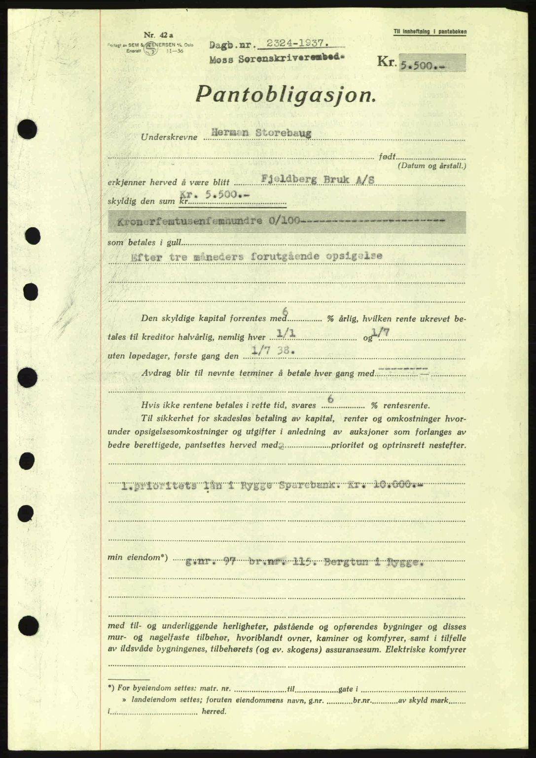 Moss sorenskriveri, SAO/A-10168: Pantebok nr. B4, 1937-1938, Dagboknr: 2324/1937