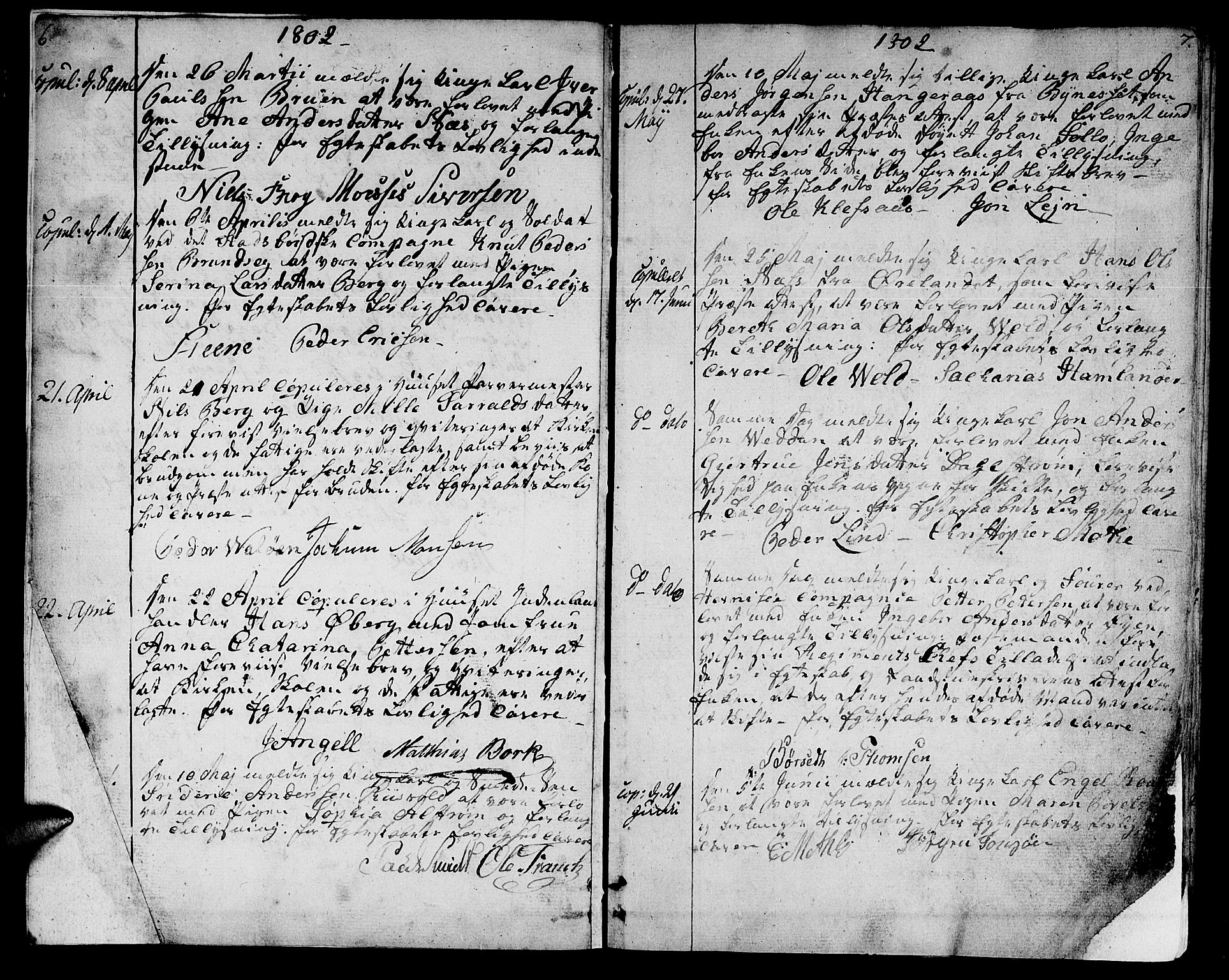 Ministerialprotokoller, klokkerbøker og fødselsregistre - Sør-Trøndelag, AV/SAT-A-1456/601/L0042: Ministerialbok nr. 601A10, 1802-1830, s. 6-7