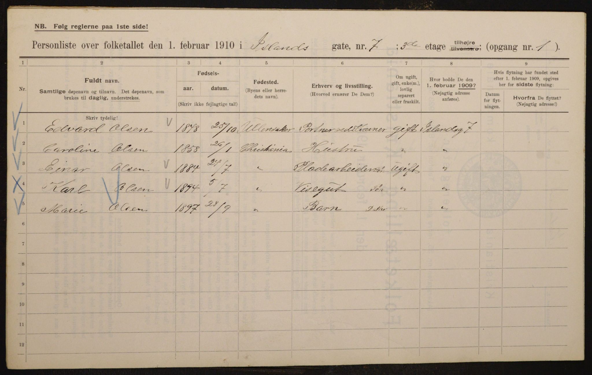 OBA, Kommunal folketelling 1.2.1910 for Kristiania, 1910, s. 43445