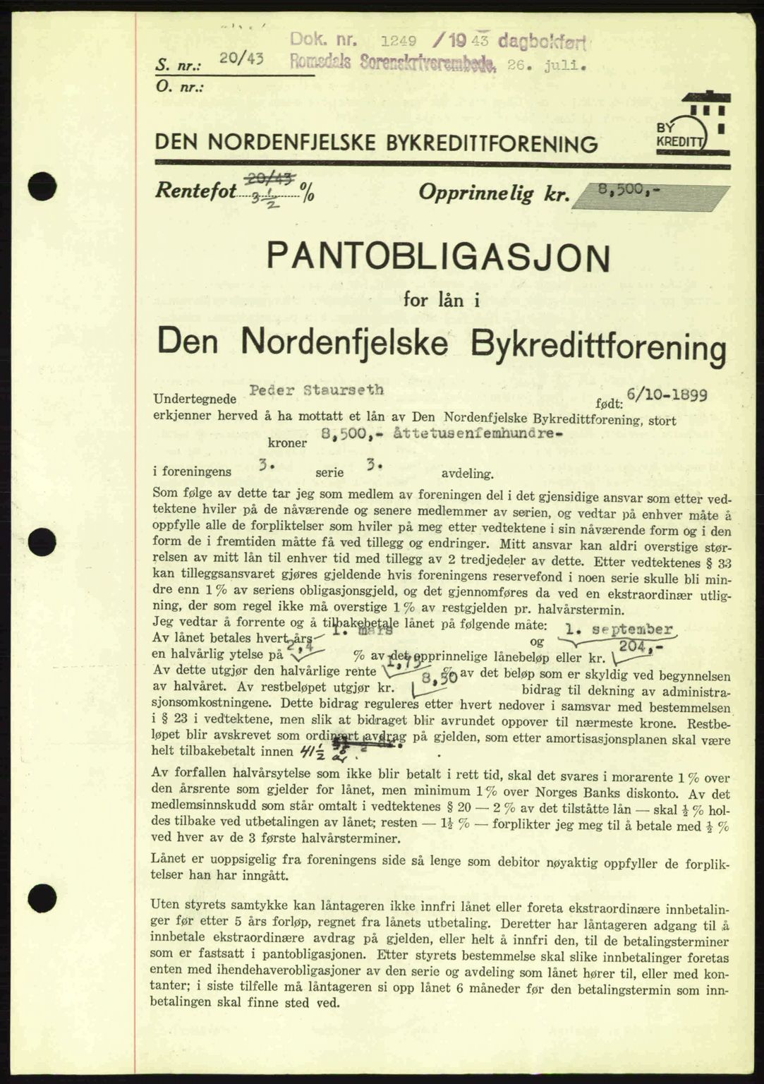 Romsdal sorenskriveri, SAT/A-4149/1/2/2C: Pantebok nr. B2, 1939-1945, Dagboknr: 1249/1943