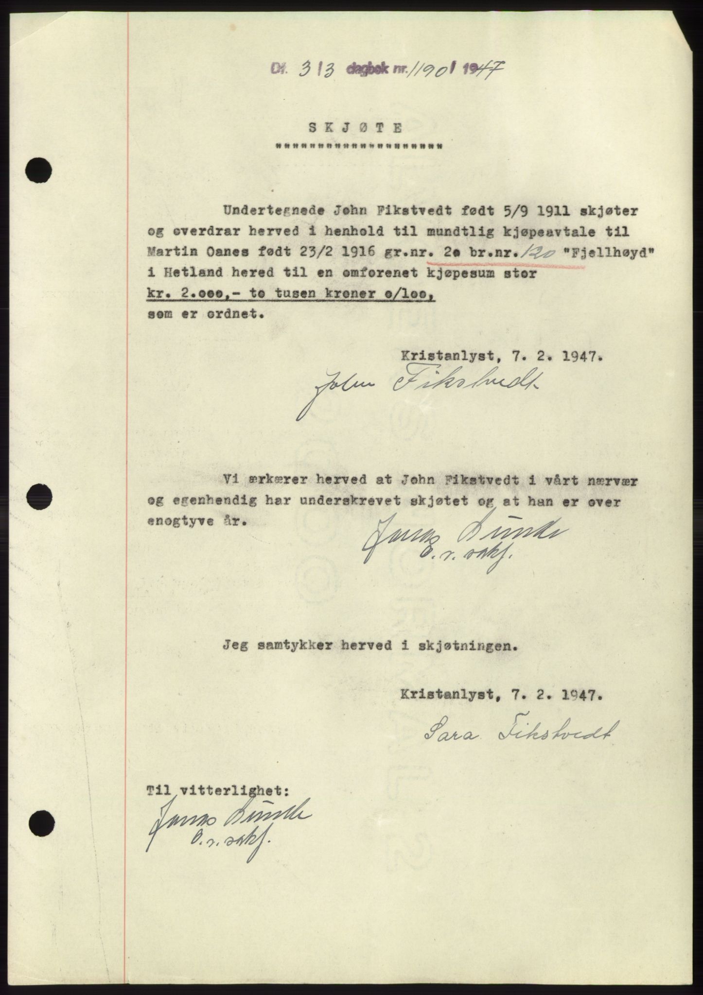 Jæren sorenskriveri, SAST/A-100310/03/G/Gba/L0094: Pantebok, 1947-1947, Dagboknr: 1190/1947