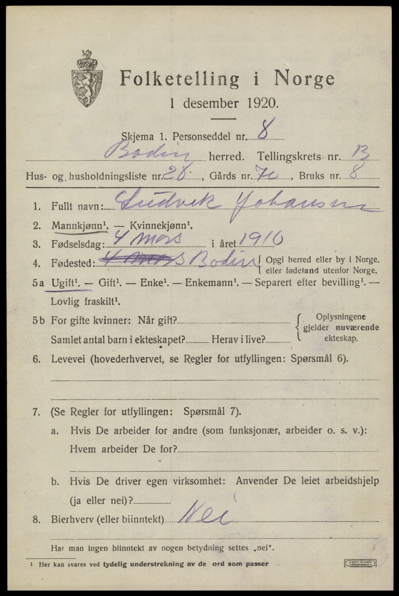 SAT, Folketelling 1920 for 1843 Bodin herred, 1920, s. 9660