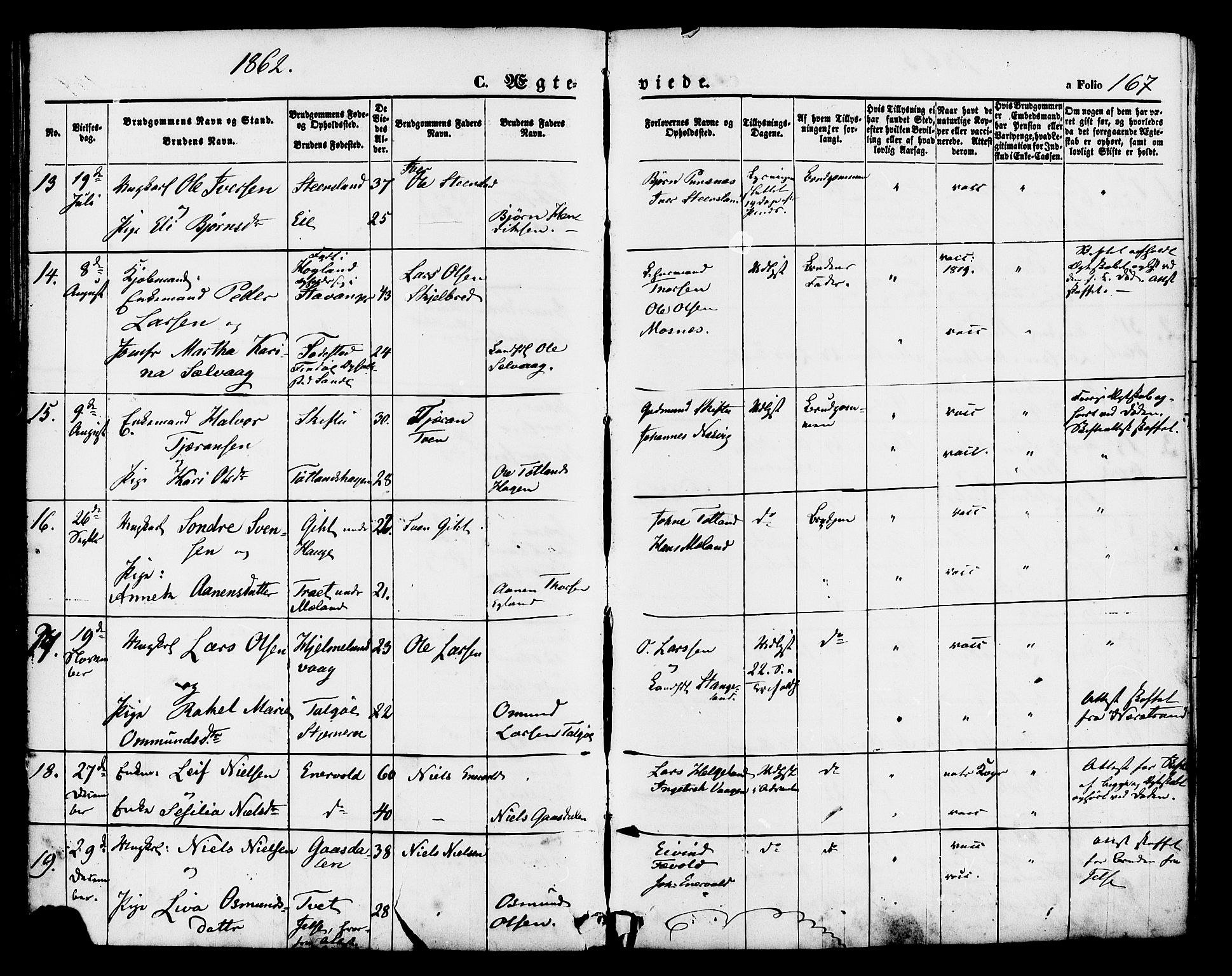 Hjelmeland sokneprestkontor, AV/SAST-A-101843/01/IV/L0011: Ministerialbok nr. A 11, 1861-1878, s. 167