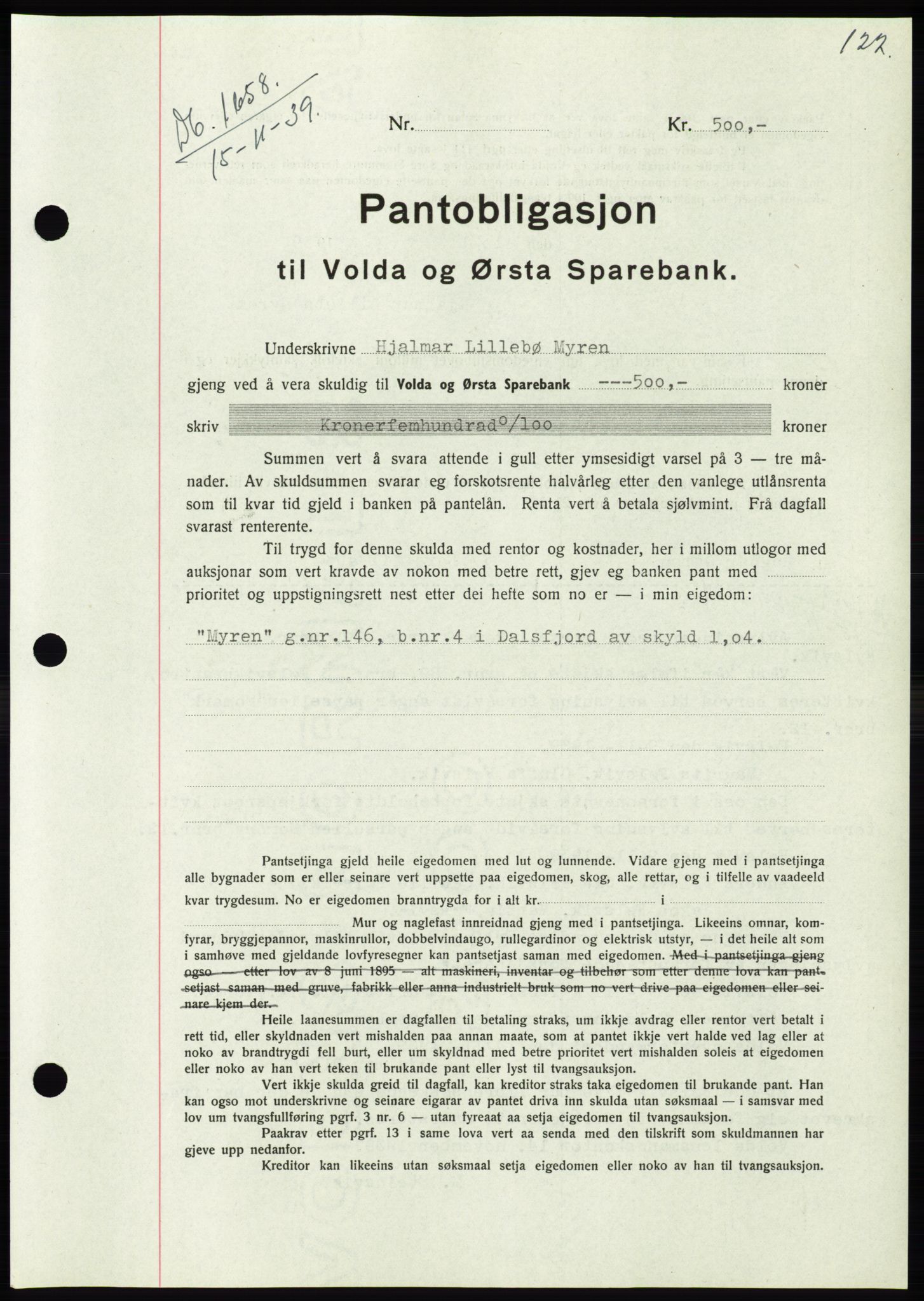 Søre Sunnmøre sorenskriveri, SAT/A-4122/1/2/2C/L0069: Pantebok nr. 63, 1939-1940, Dagboknr: 1658/1939