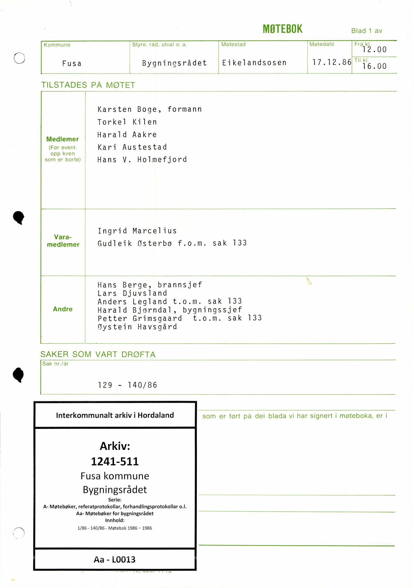 Fusa kommune. Bygningsrådet , IKAH/1241-511/A/Aa/L0013: Møtebok for Fusa bygningsråd, 1986