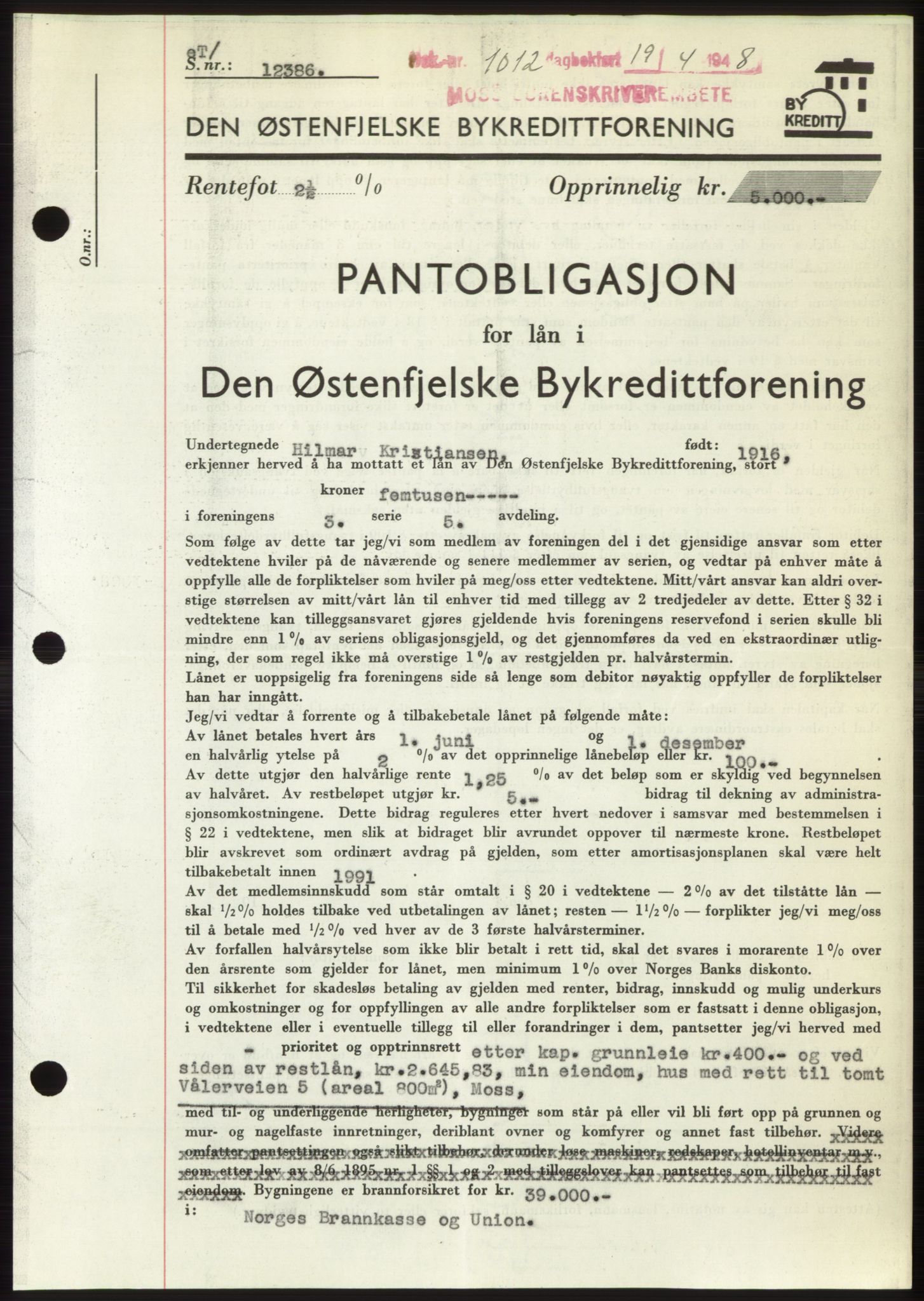 Moss sorenskriveri, SAO/A-10168: Pantebok nr. B19, 1948-1948, Dagboknr: 1012/1948