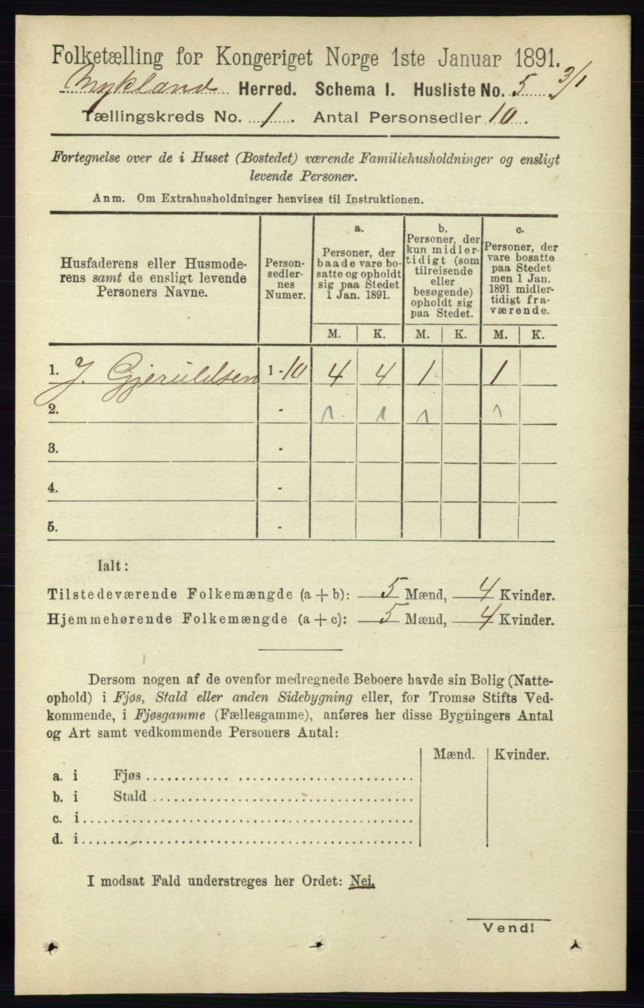 RA, Folketelling 1891 for 0932 Mykland herred, 1891, s. 16