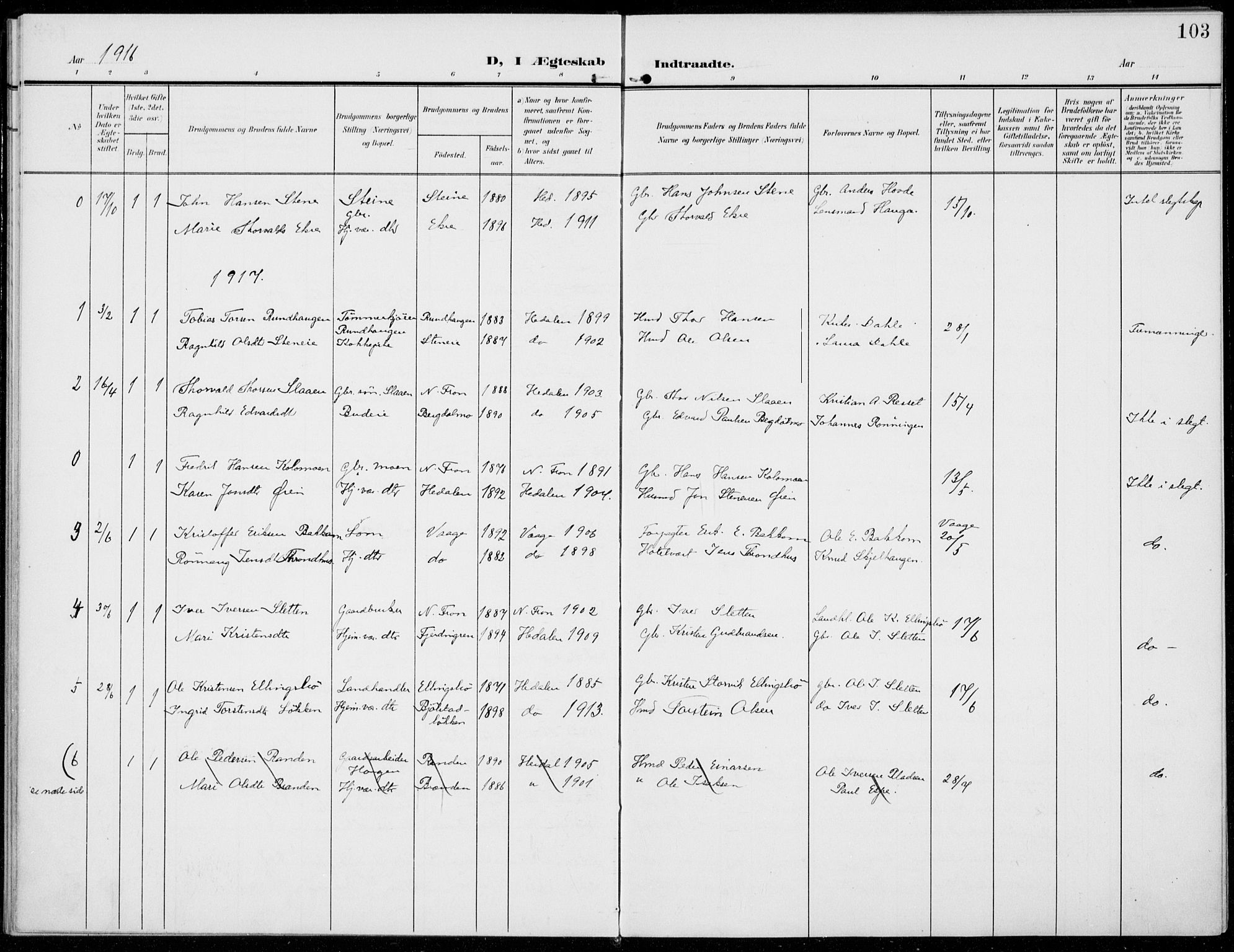 Sel prestekontor, AV/SAH-PREST-074/H/Ha/Haa/L0001: Ministerialbok nr. 1, 1905-1922, s. 103