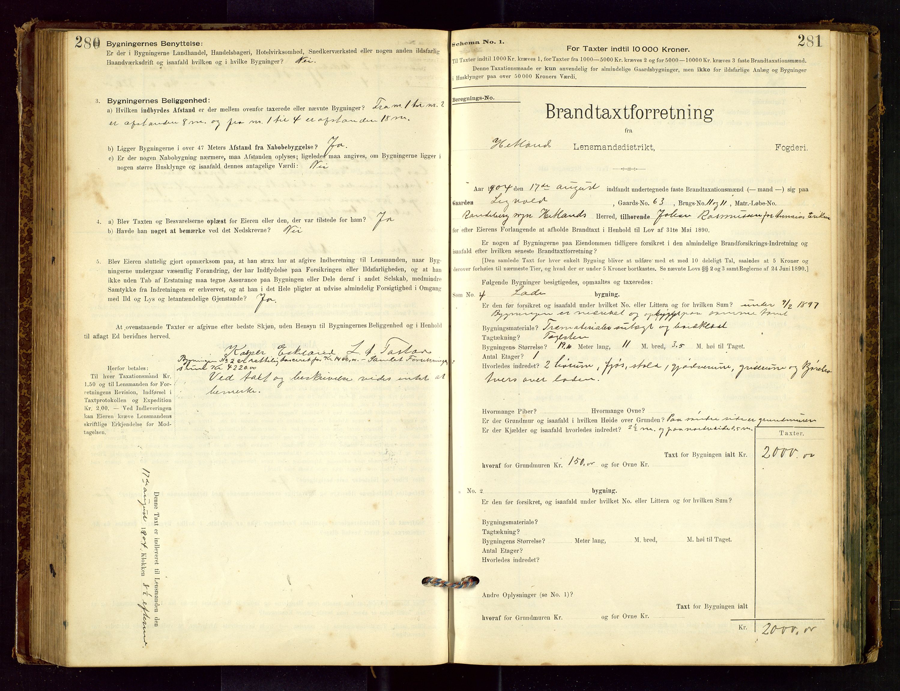 Hetland lensmannskontor, SAST/A-100101/Gob/L0001: "Brandtaxationsprotokol", 1895-1918, s. 280-281