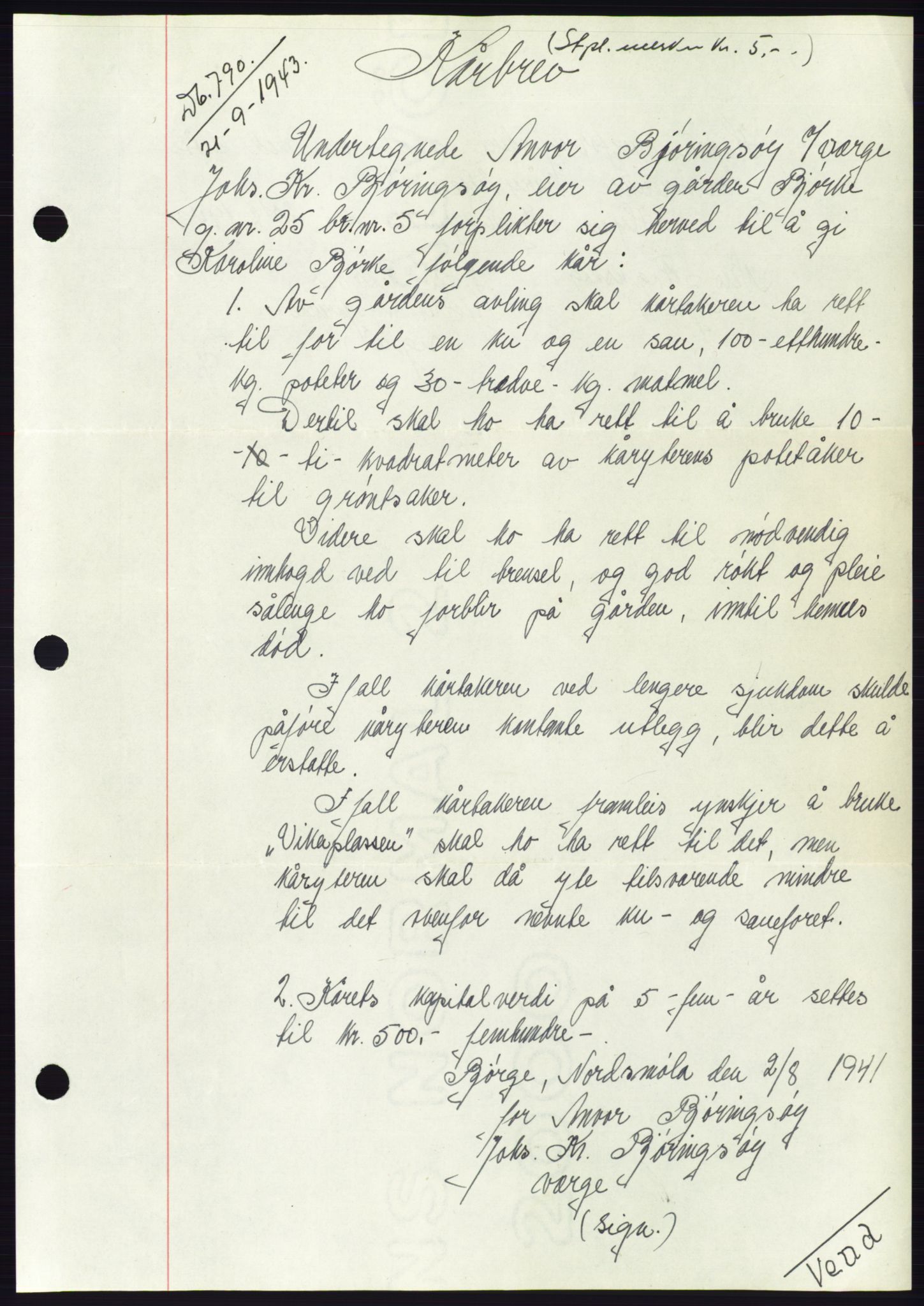 Søre Sunnmøre sorenskriveri, AV/SAT-A-4122/1/2/2C/L0114: Pantebok nr. 1-2B, 1943-1947, Dagboknr: 790/1943