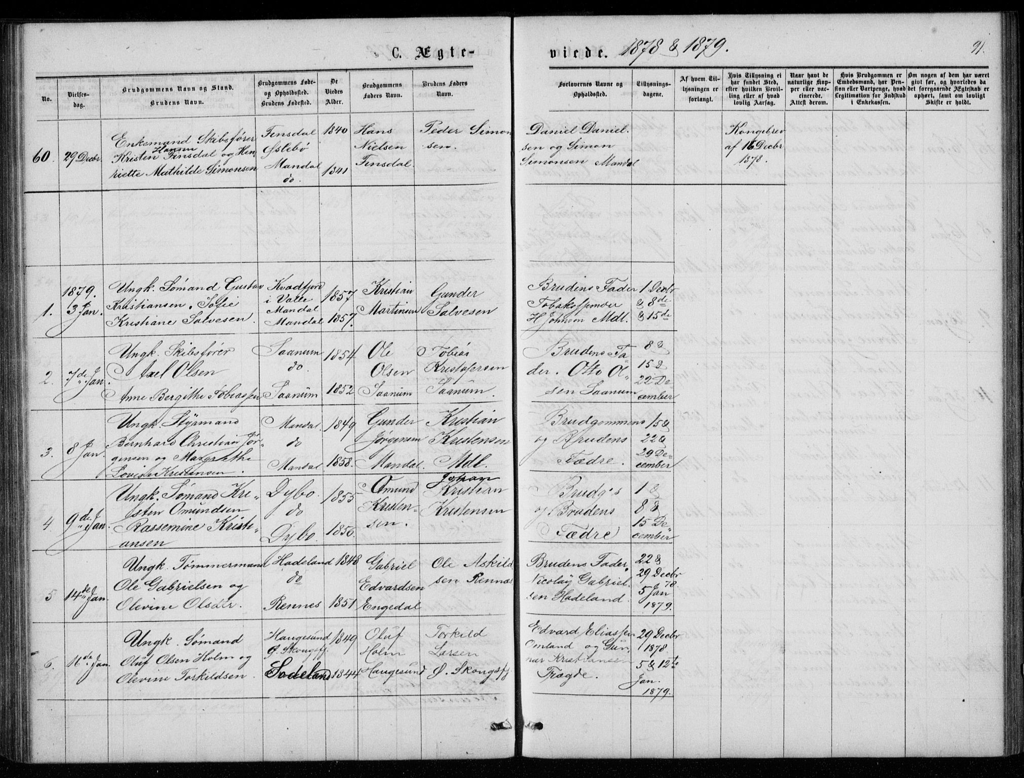 Mandal sokneprestkontor, AV/SAK-1111-0030/F/Fb/Fba/L0010: Klokkerbok nr. B 4, 1876-1880, s. 91