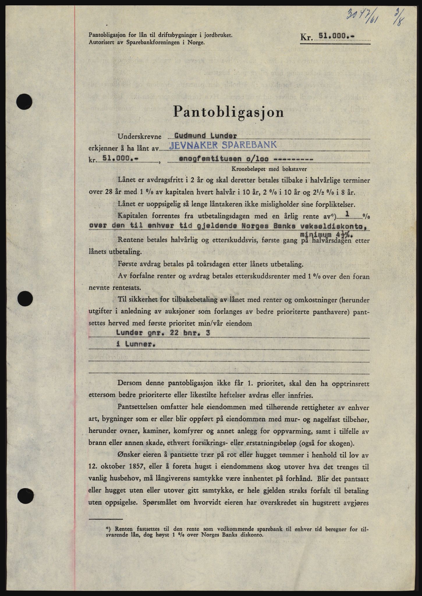 Hadeland og Land tingrett, SAH/TING-010/H/Hb/Hbc/L0046: Pantebok nr. B46, 1961-1961, Dagboknr: 3047/1961