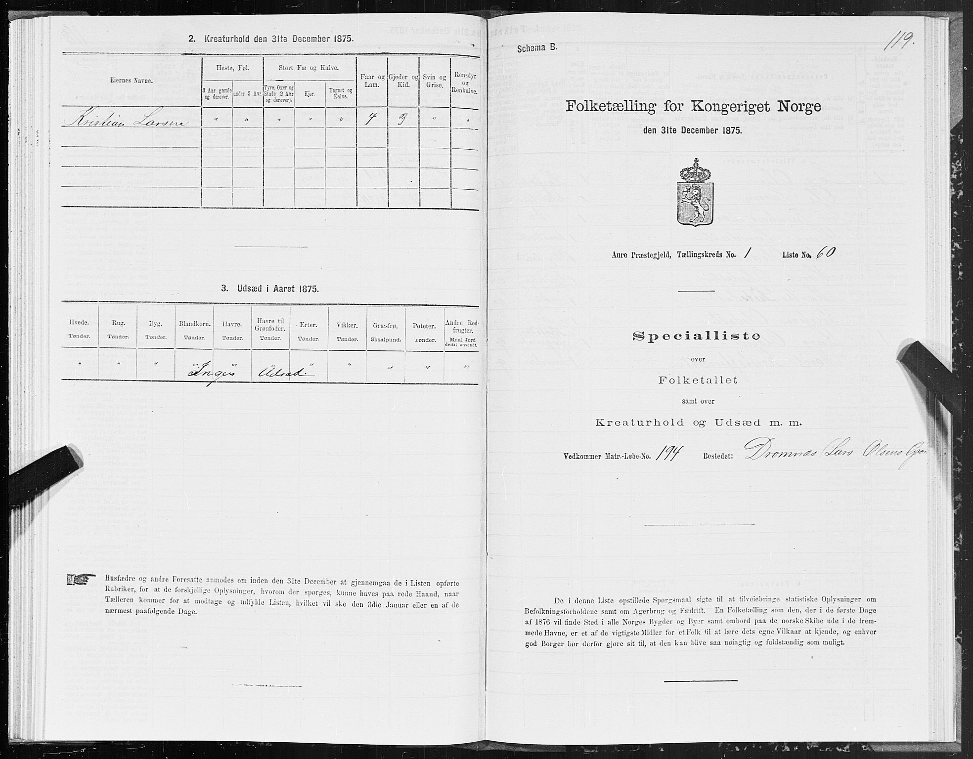 SAT, Folketelling 1875 for 1569P Aure prestegjeld, 1875, s. 1119