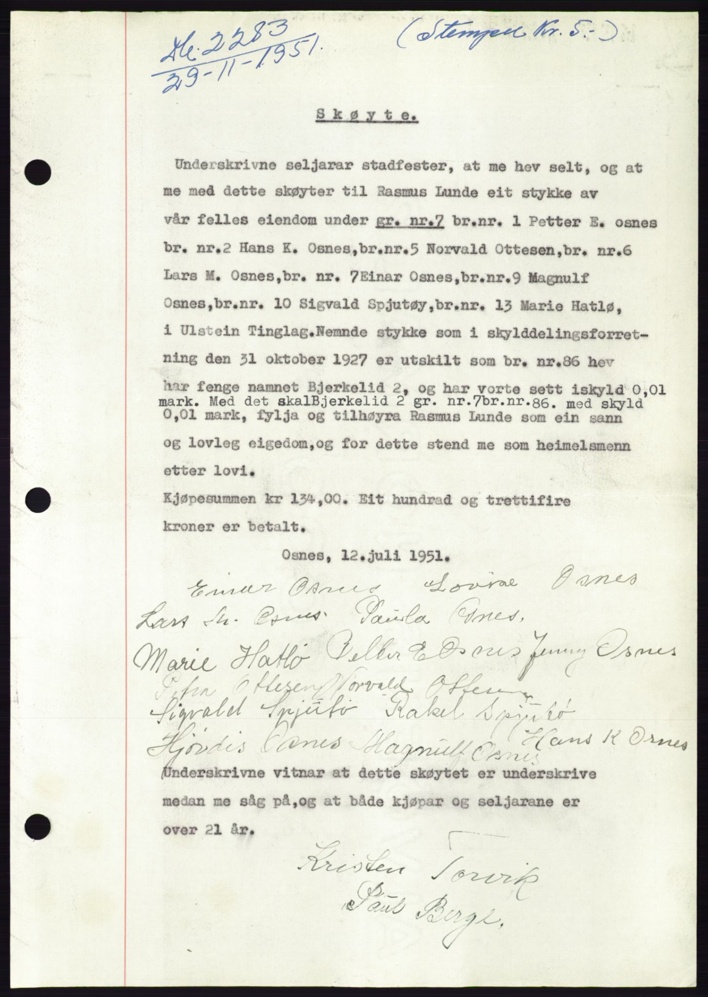 Søre Sunnmøre sorenskriveri, AV/SAT-A-4122/1/2/2C/L0090: Pantebok nr. 16A, 1951-1951, Dagboknr: 2283/1951