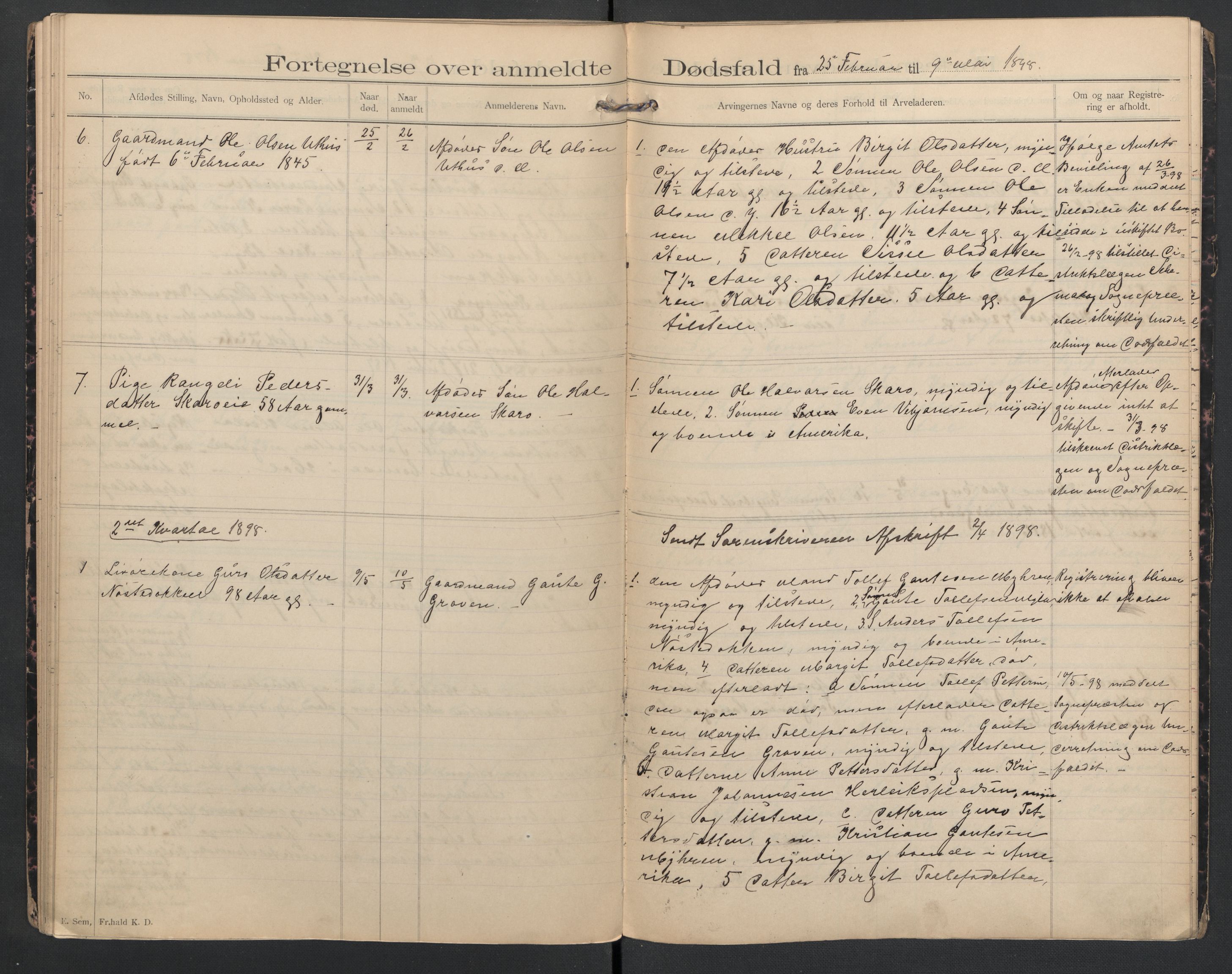 Hol lensmannskontor, AV/SAKO-A-512/H/Ha/L0002: Dødsanmeldelsesprotokoll, 1893-1899