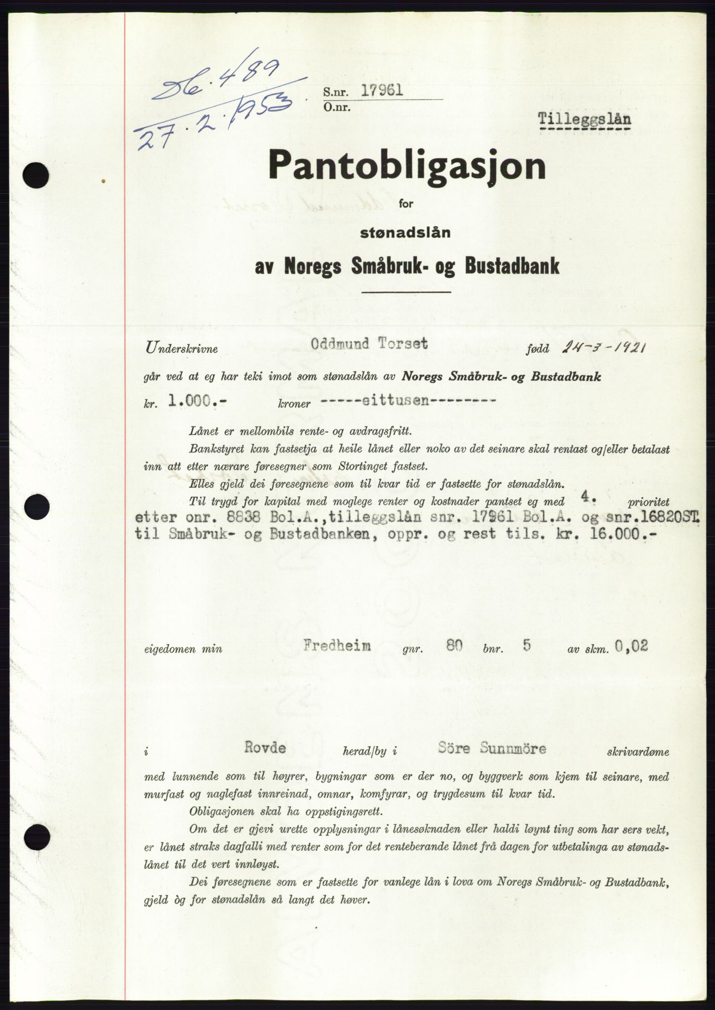 Søre Sunnmøre sorenskriveri, SAT/A-4122/1/2/2C/L0123: Pantebok nr. 11B, 1953-1953, Dagboknr: 489/1953