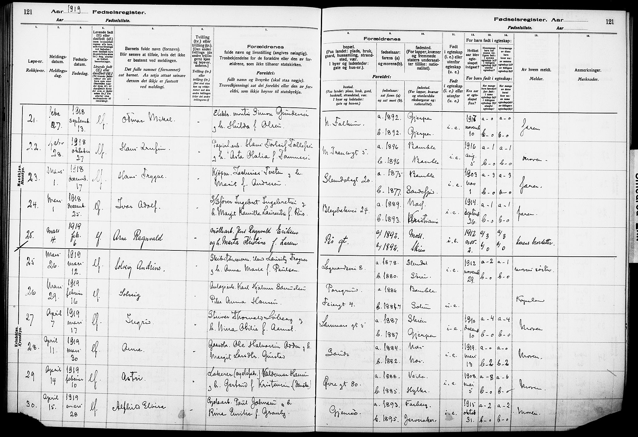 Skien kirkebøker, AV/SAKO-A-302/J/Ja/L0001: Fødselsregister nr. 1, 1916-1920, s. 121