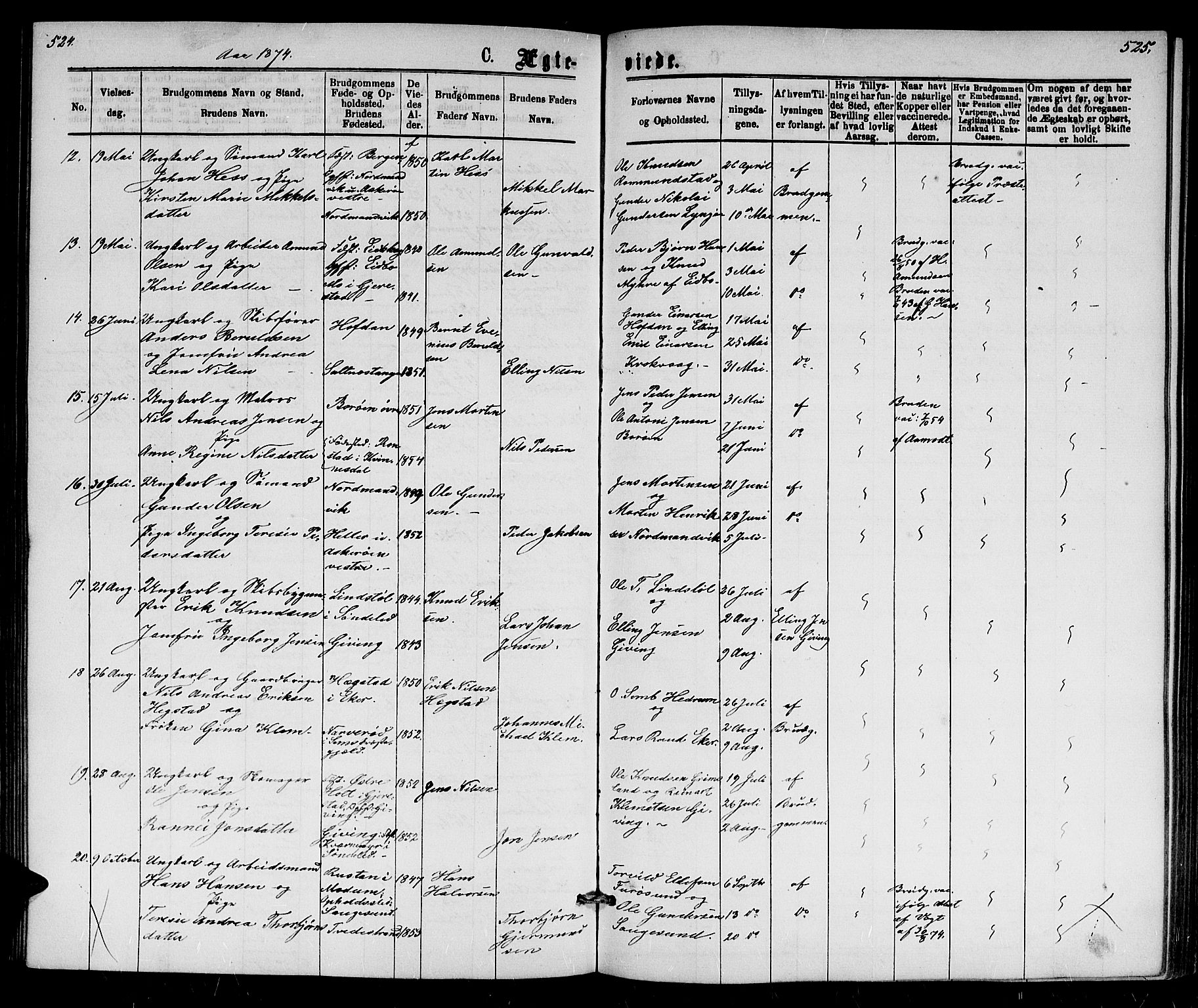 Dypvåg sokneprestkontor, AV/SAK-1111-0007/F/Fb/Fba/L0012: Klokkerbok nr. B 12, 1872-1886, s. 524-525