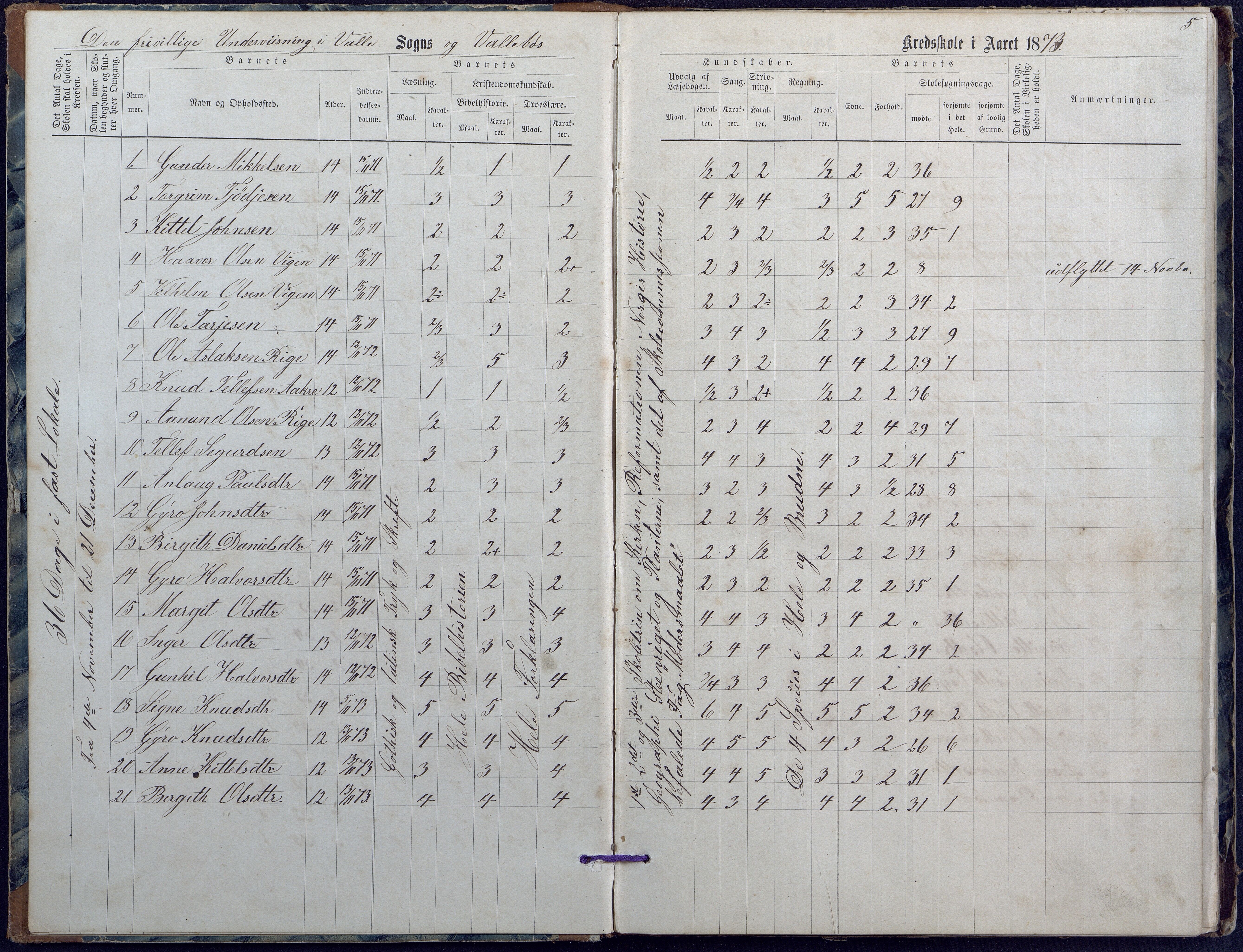 Valle kommune, AAKS/KA0940-PK/03/L0047: Protokoll over skolehold og skolesøkning i Valle faste skole, 1872-1890, s. 5