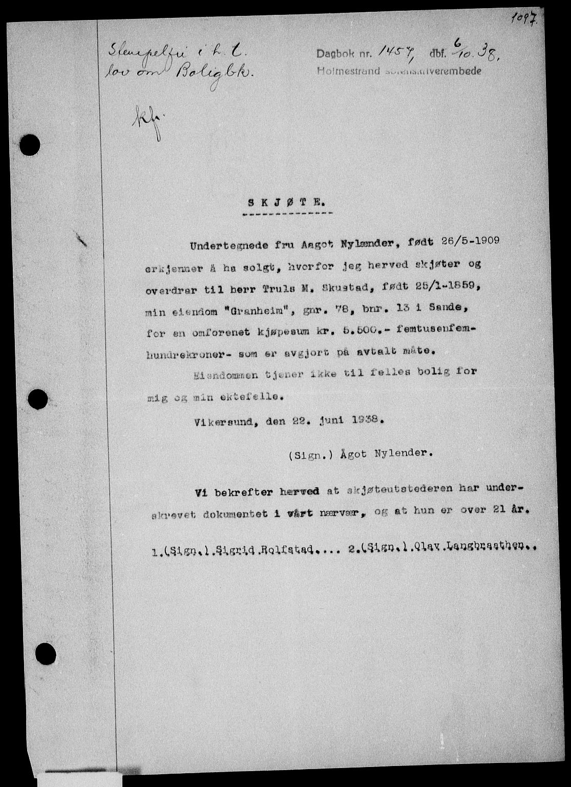 Holmestrand sorenskriveri, SAKO/A-67/G/Ga/Gaa/L0049: Pantebok nr. A-49, 1937-1938, Dagboknr: 1457/1938