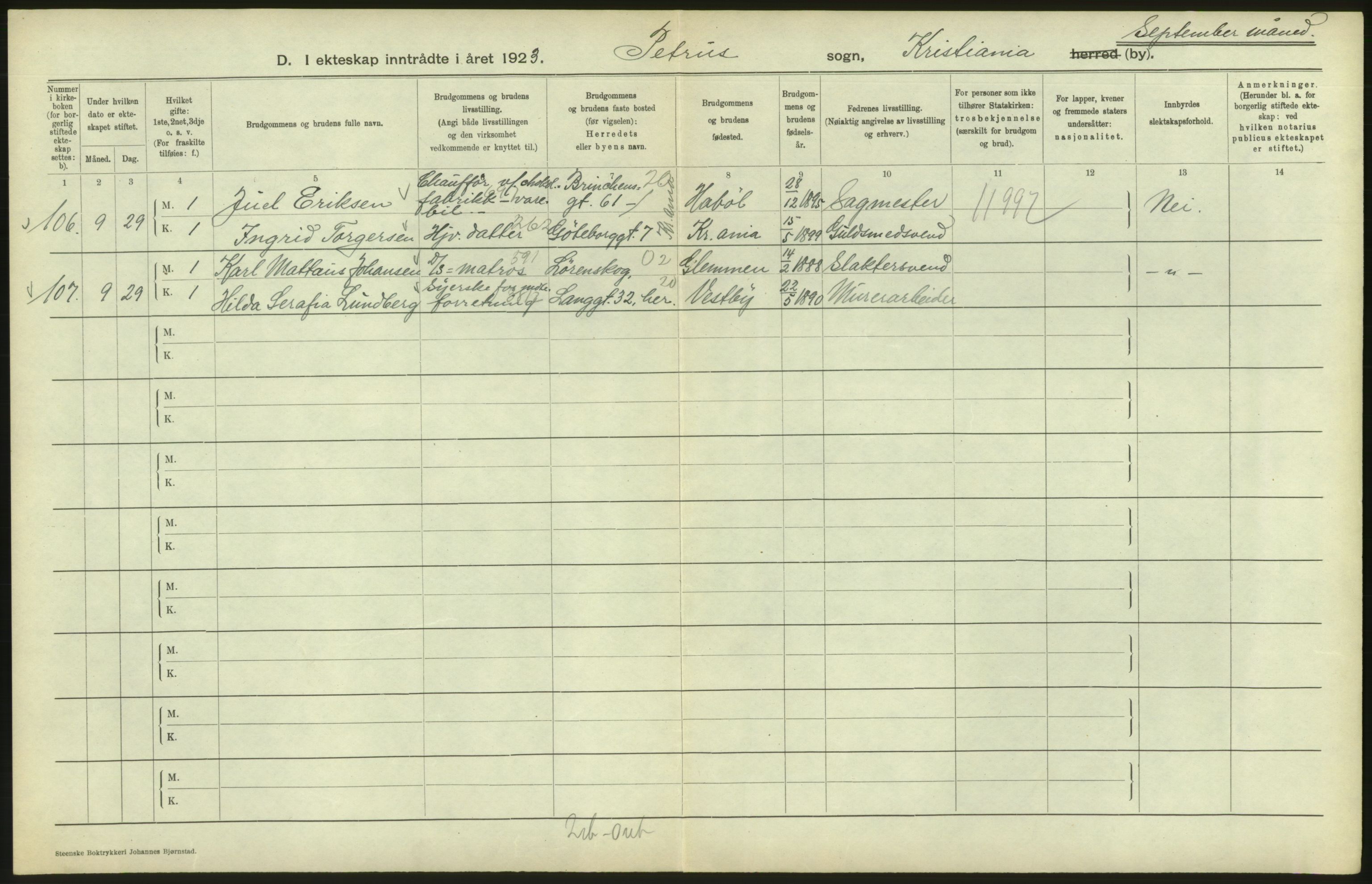 Statistisk sentralbyrå, Sosiodemografiske emner, Befolkning, AV/RA-S-2228/D/Df/Dfc/Dfcc/L0008: Kristiania: Gifte, 1923, s. 144