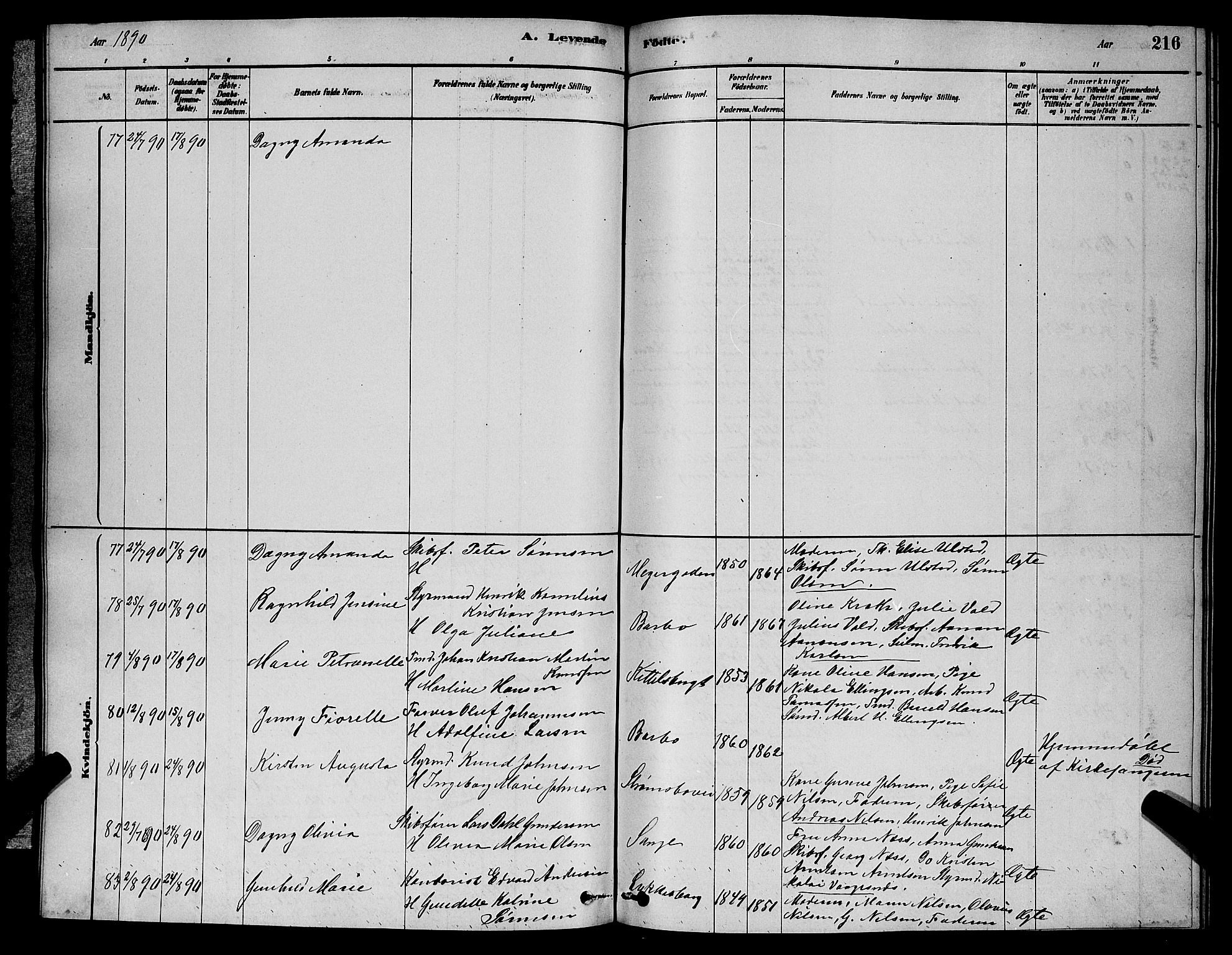 Barbu sokneprestkontor, SAK/1111-0003/F/Fb/L0001: Klokkerbok nr. B 1, 1878-1890, s. 216