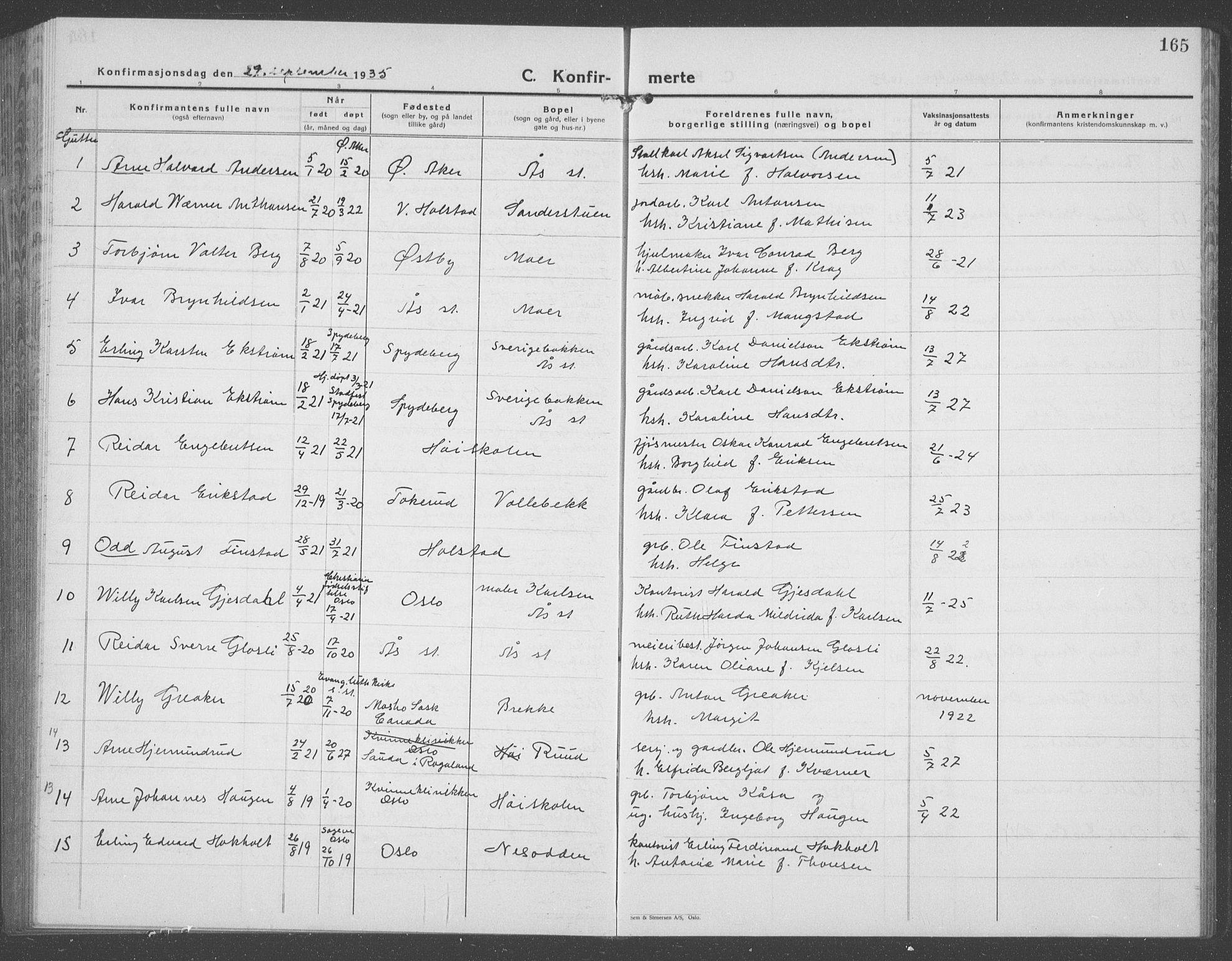 Ås prestekontor Kirkebøker, AV/SAO-A-10894/G/Ga/L0006: Klokkerbok nr. I 6, 1925-1940, s. 165