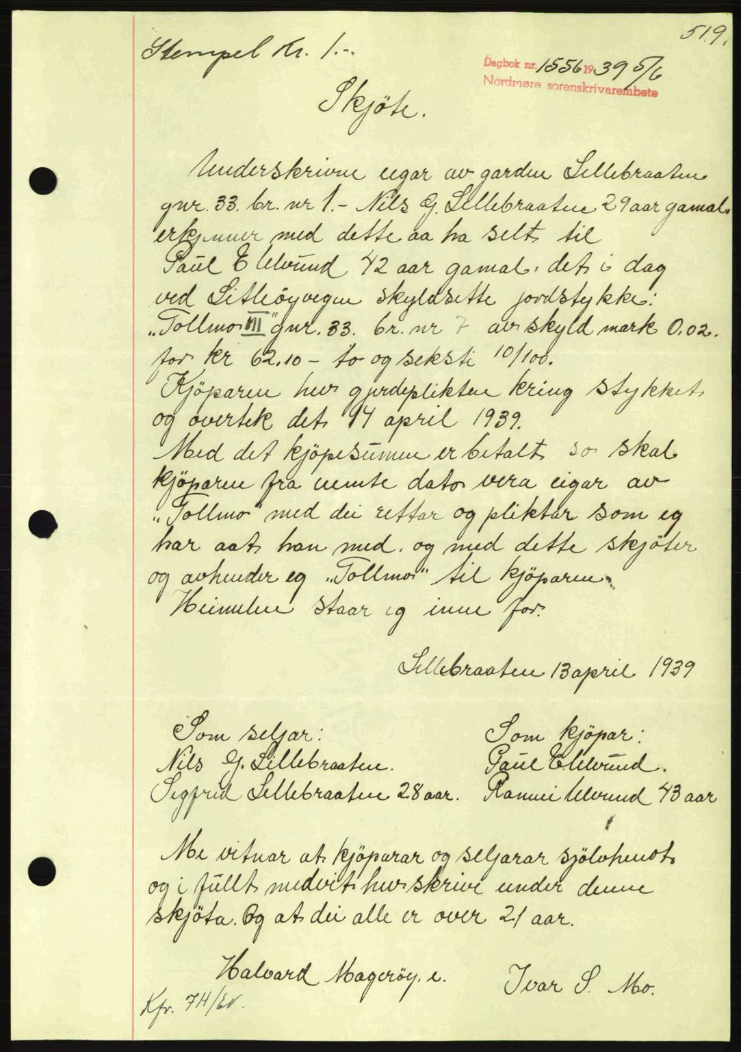 Nordmøre sorenskriveri, SAT/A-4132/1/2/2Ca: Pantebok nr. A86, 1939-1939, Dagboknr: 1556/1939