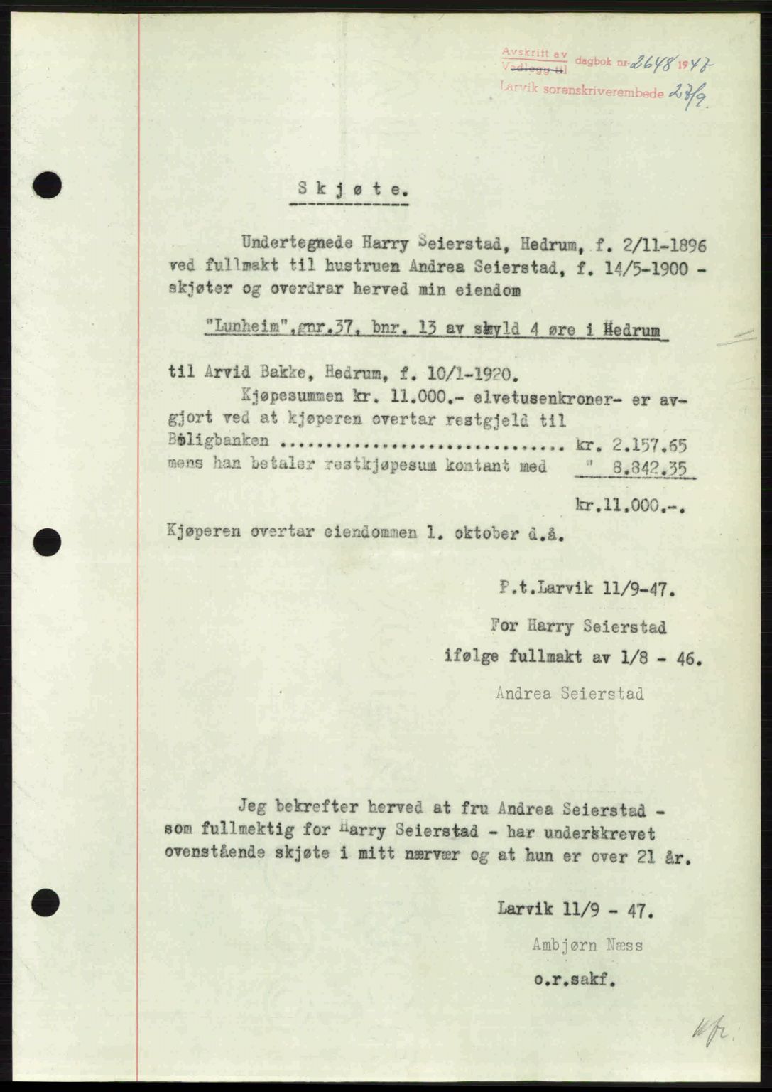 Larvik sorenskriveri, SAKO/A-83/G/Ga/Gab/L0085: Pantebok nr. A-19, 1947-1948, Dagboknr: 2648/1947