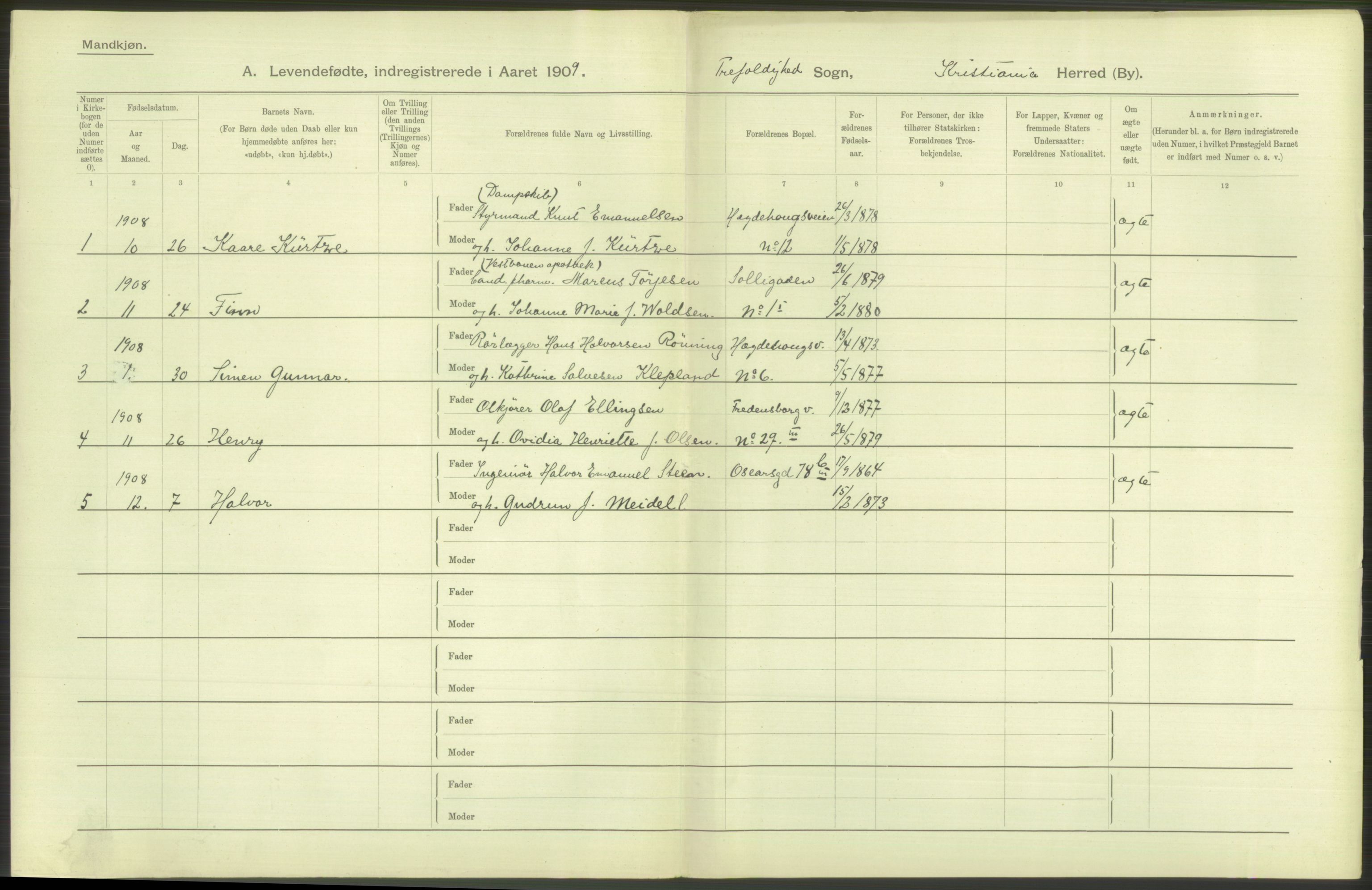 Statistisk sentralbyrå, Sosiodemografiske emner, Befolkning, RA/S-2228/D/Df/Dfa/Dfag/L0007: Kristiania: Levendefødte menn og kvinner., 1909, s. 156