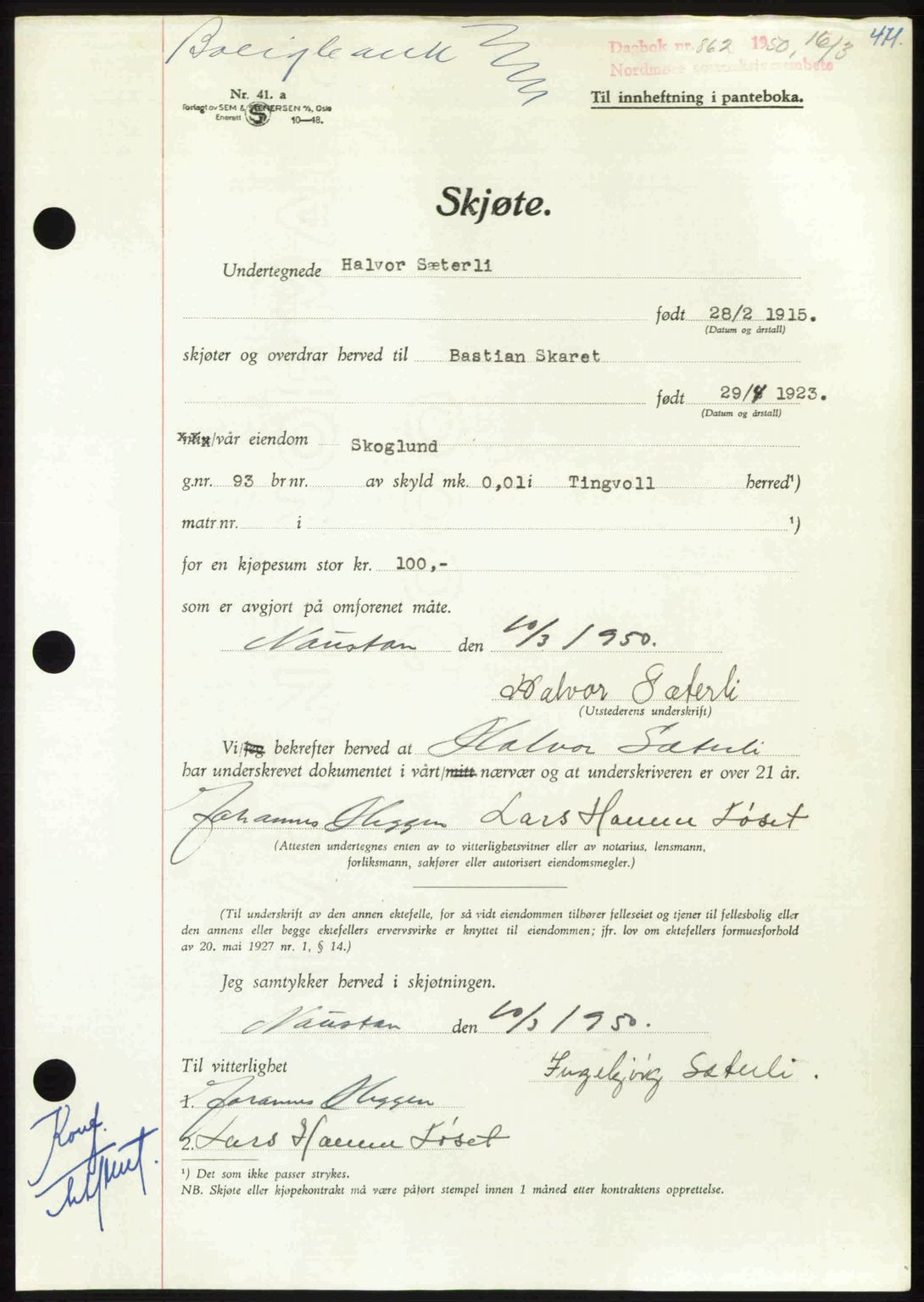 Nordmøre sorenskriveri, SAT/A-4132/1/2/2Ca: Pantebok nr. A114, 1950-1950, Dagboknr: 862/1950