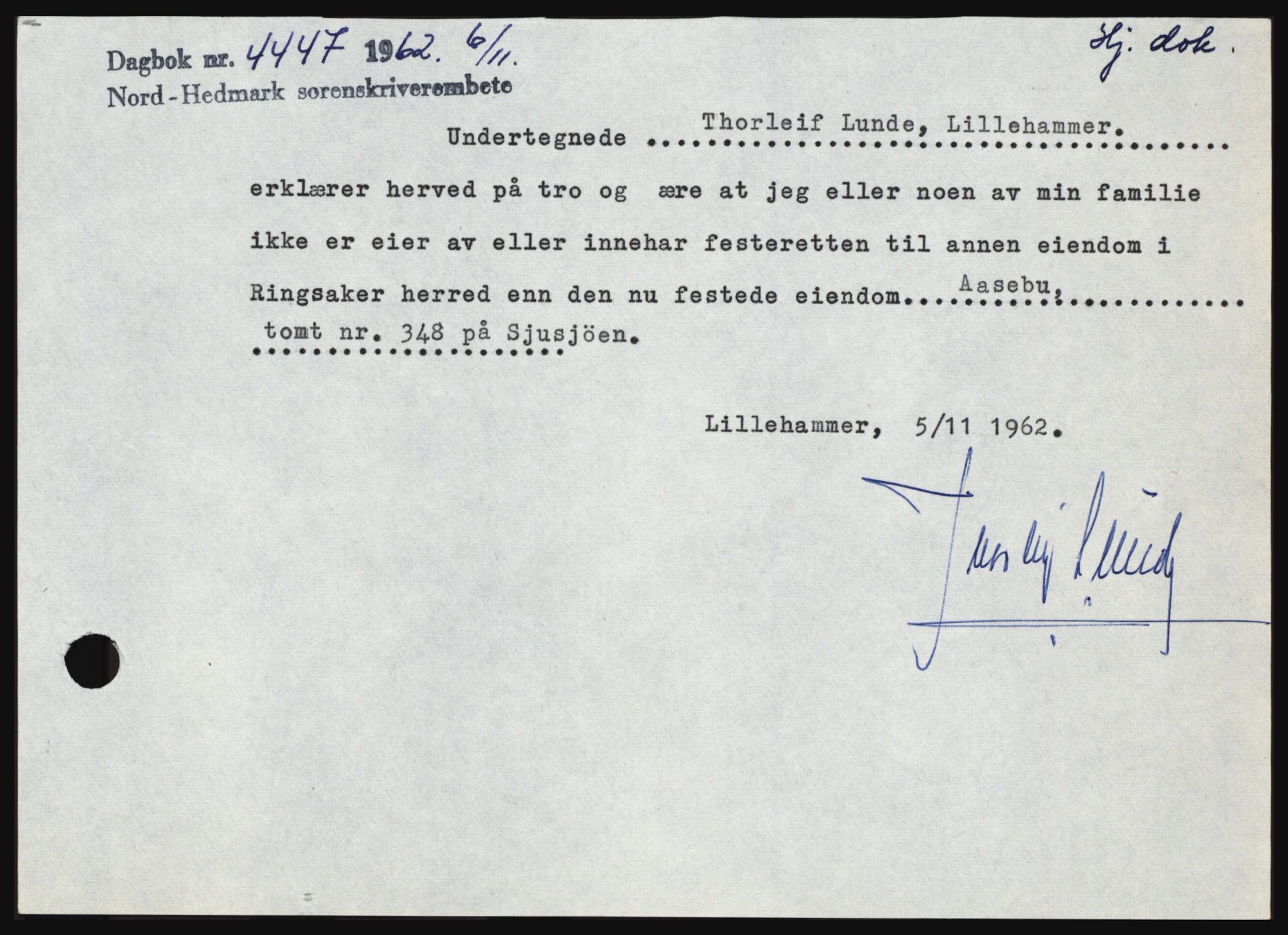 Nord-Hedmark sorenskriveri, SAH/TING-012/H/Hc/L0017: Pantebok nr. 17, 1962-1963, Dagboknr: 4447/1962