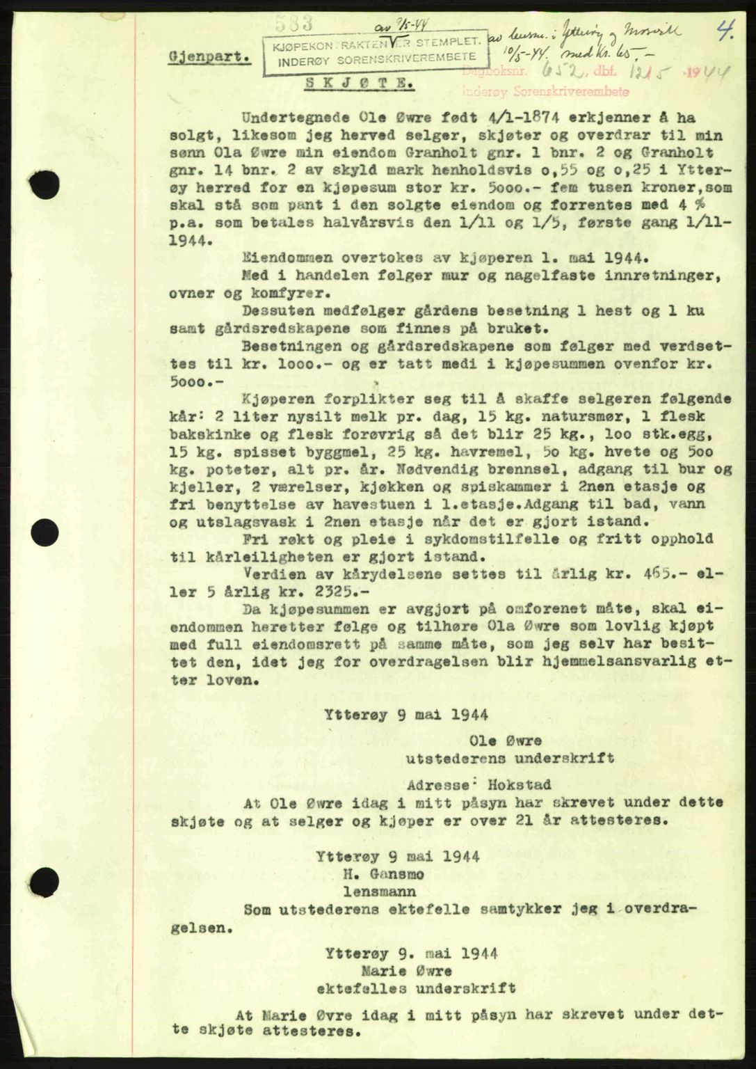 Inderøy sorenskriveri, SAT/A-4147/1/2/2C: Pantebok nr. Y1, 1936-1950, Dagboknr: 652/1944