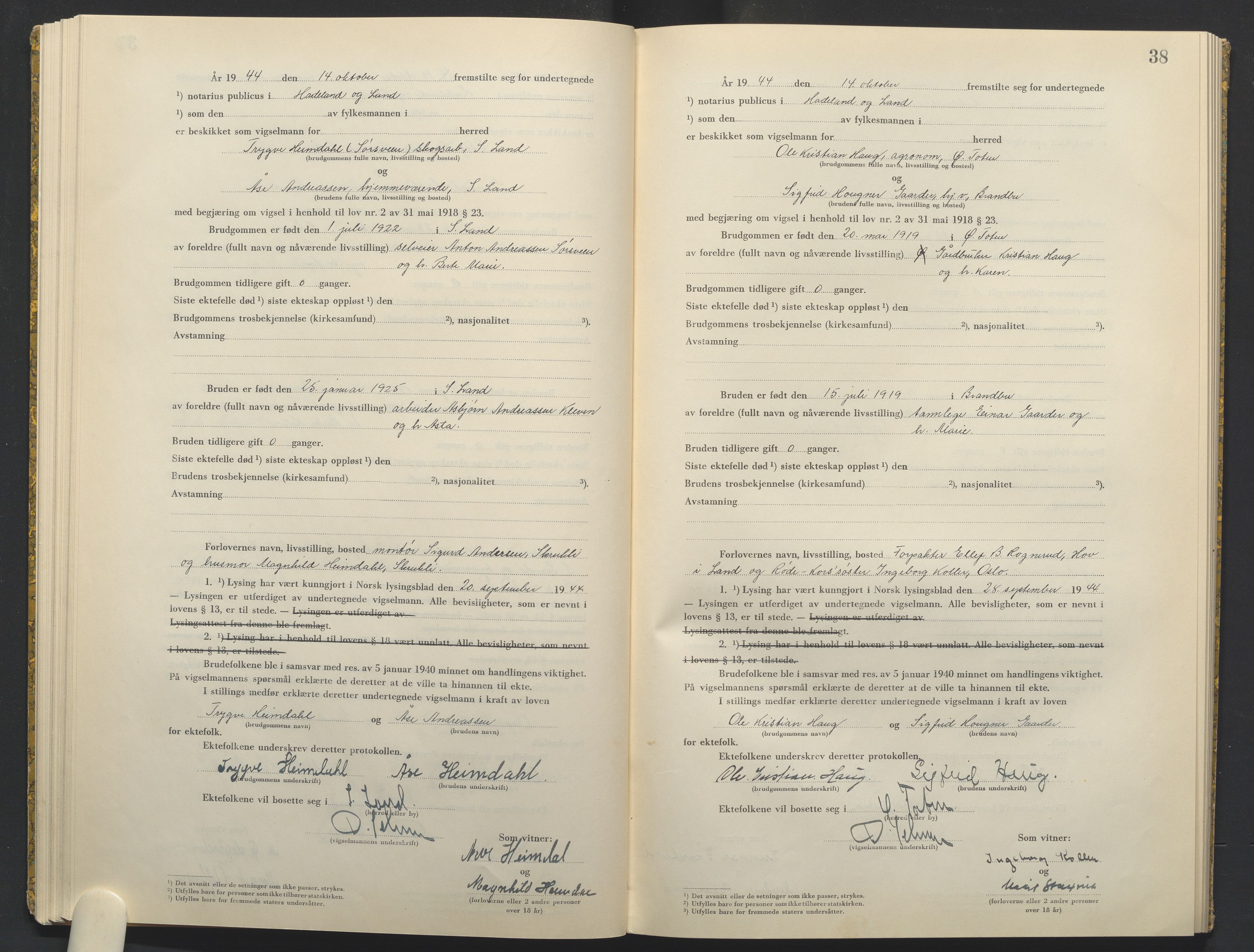 Hadeland og Land tingrett, AV/SAH-TING-010/L/Lb/L0003: Vigselbok, 1944-1946, s. 38